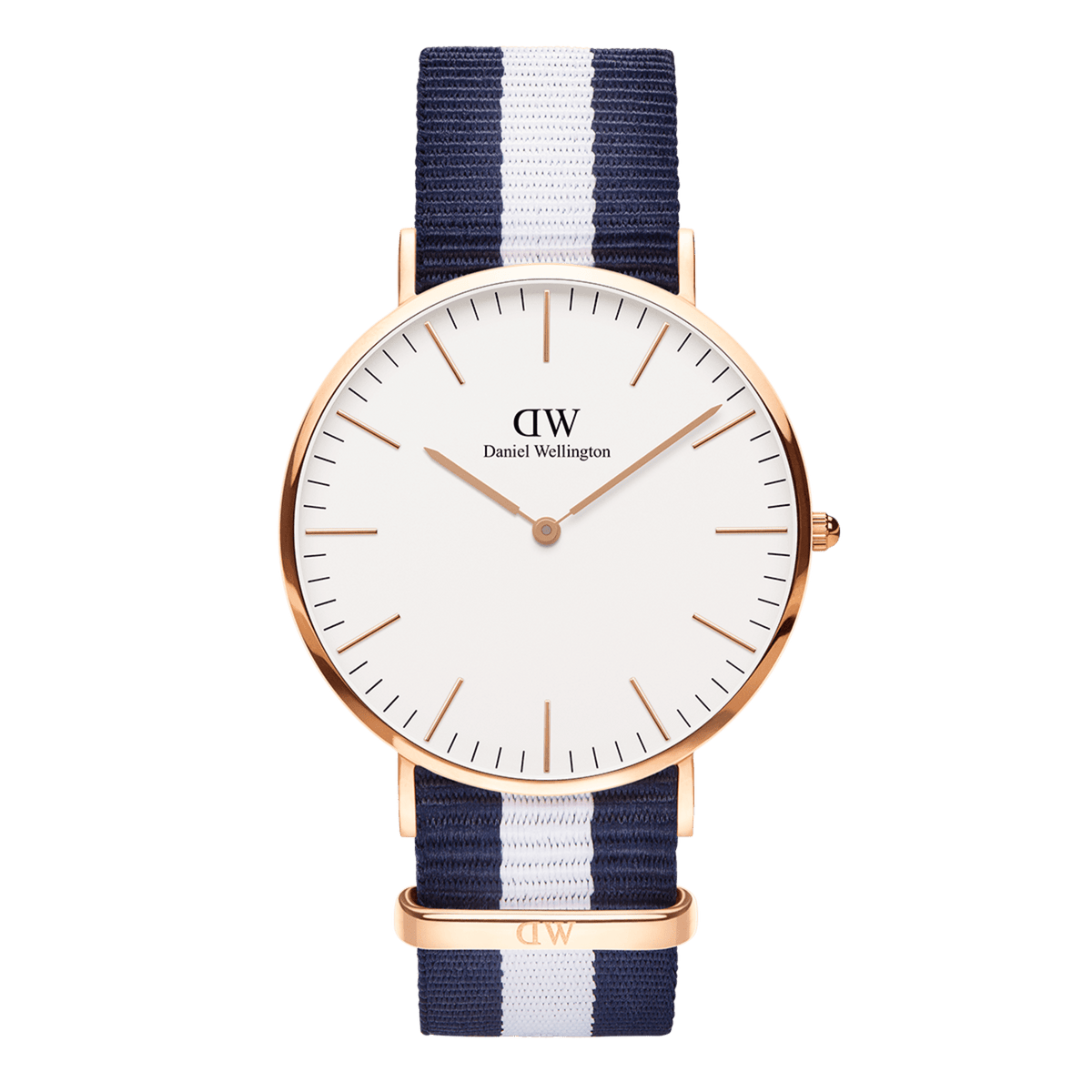 Daniel Wellington Classic Glasgow Rose Gold watch featuring a minimalist eggshell white dial, slim rose gold case, and a navy and white striped NATO strap.
