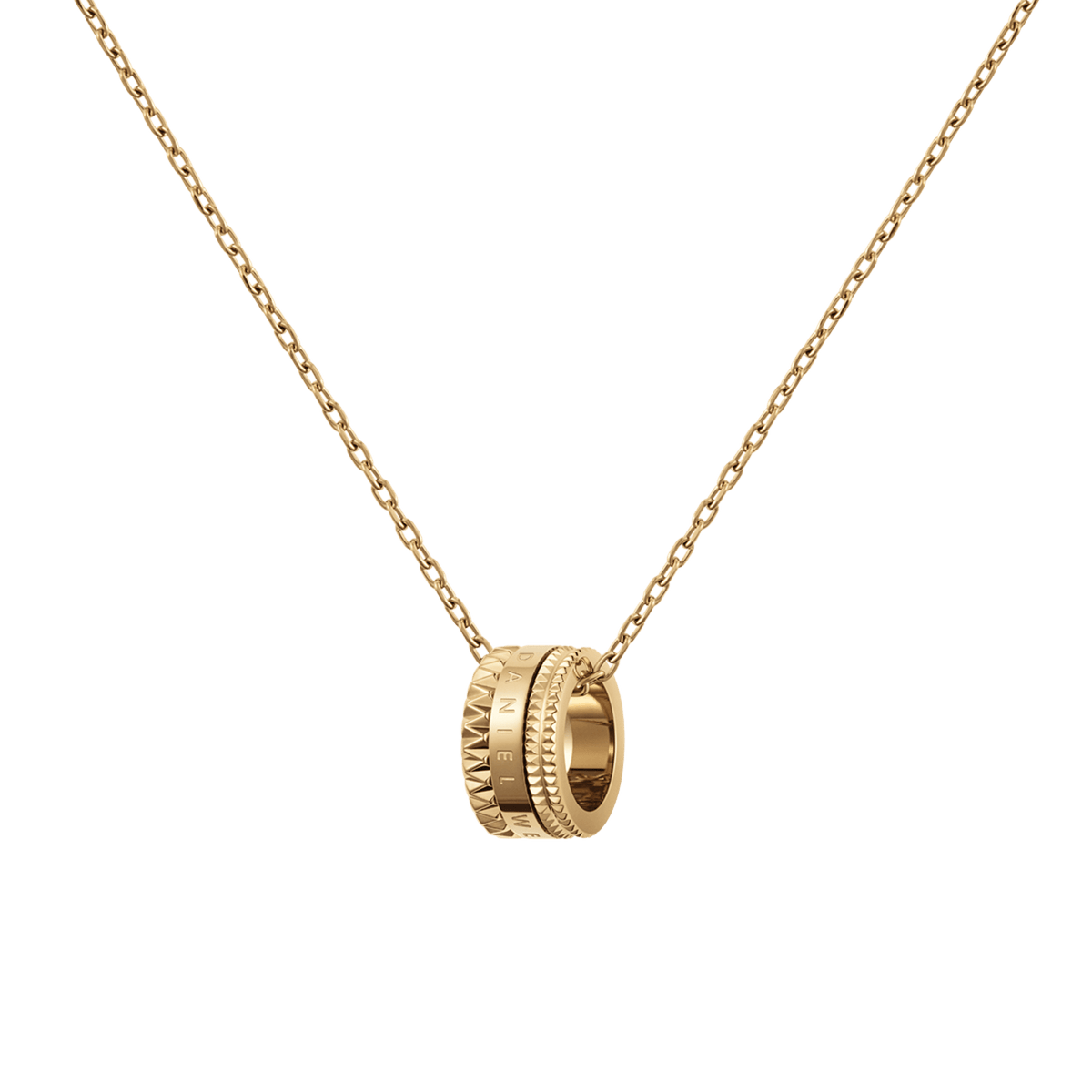 Gold Elevation Necklace featuring a polished stainless steel chain and a geometric-inspired pendant with intricate detailing and Daniel Wellington branding.