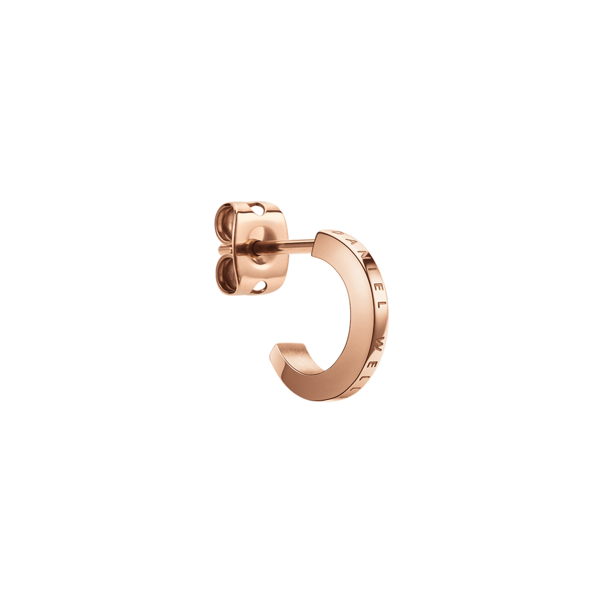 Single Elan Earring in rose gold with a polished curved hoop design and Daniel Wellington logo engraved along the edge.
