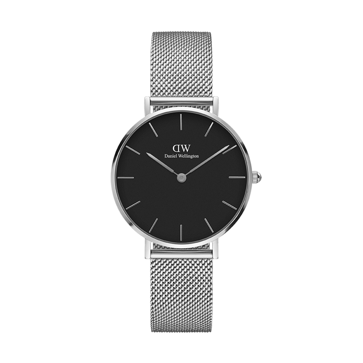 Daniel Wellington Petite Sterling women’s watch with black dial, silver mesh strap, and minimalist hour markers.