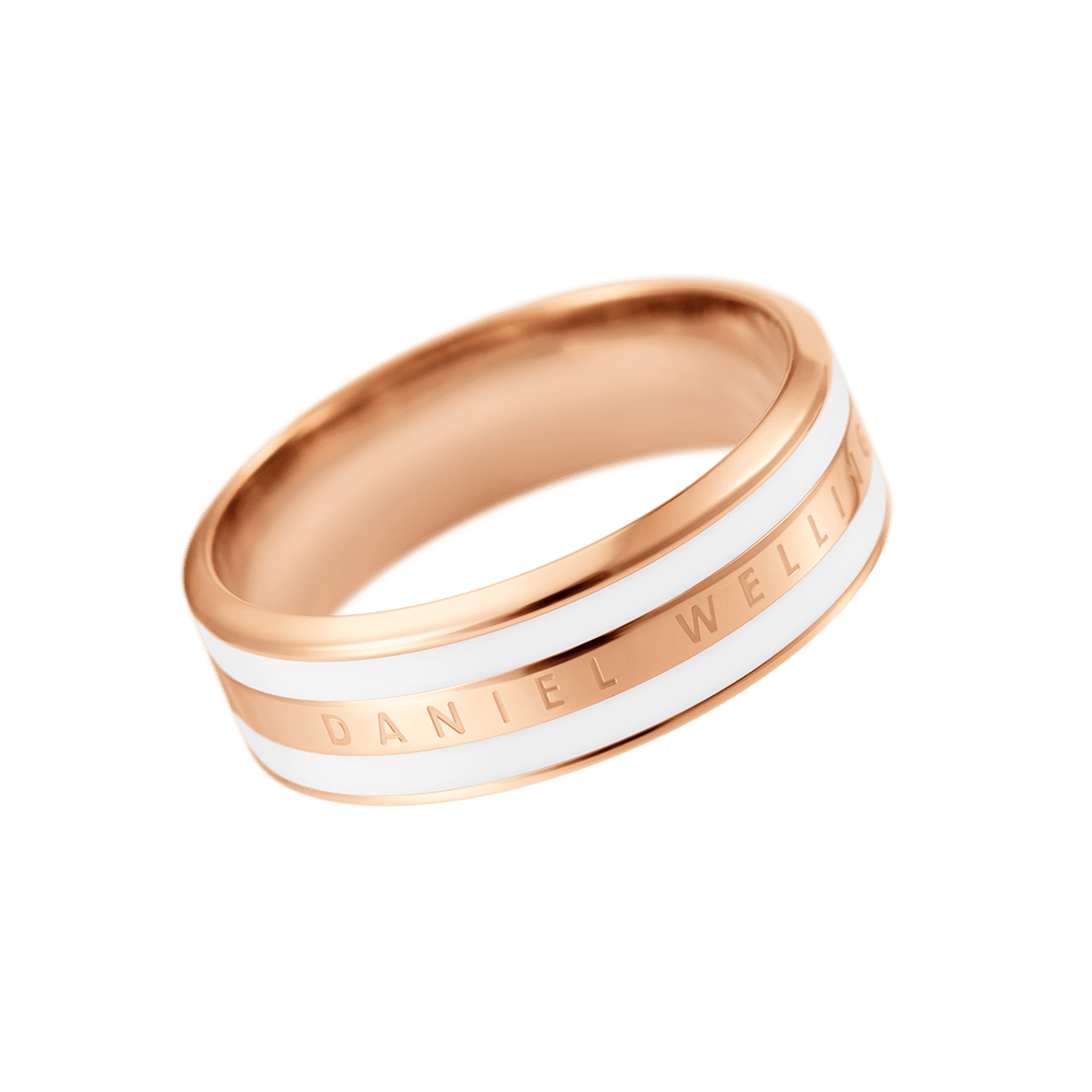Rose gold ring with a satin white enamel band and engraved Daniel Wellington signature, featuring a smooth, contemporary design.