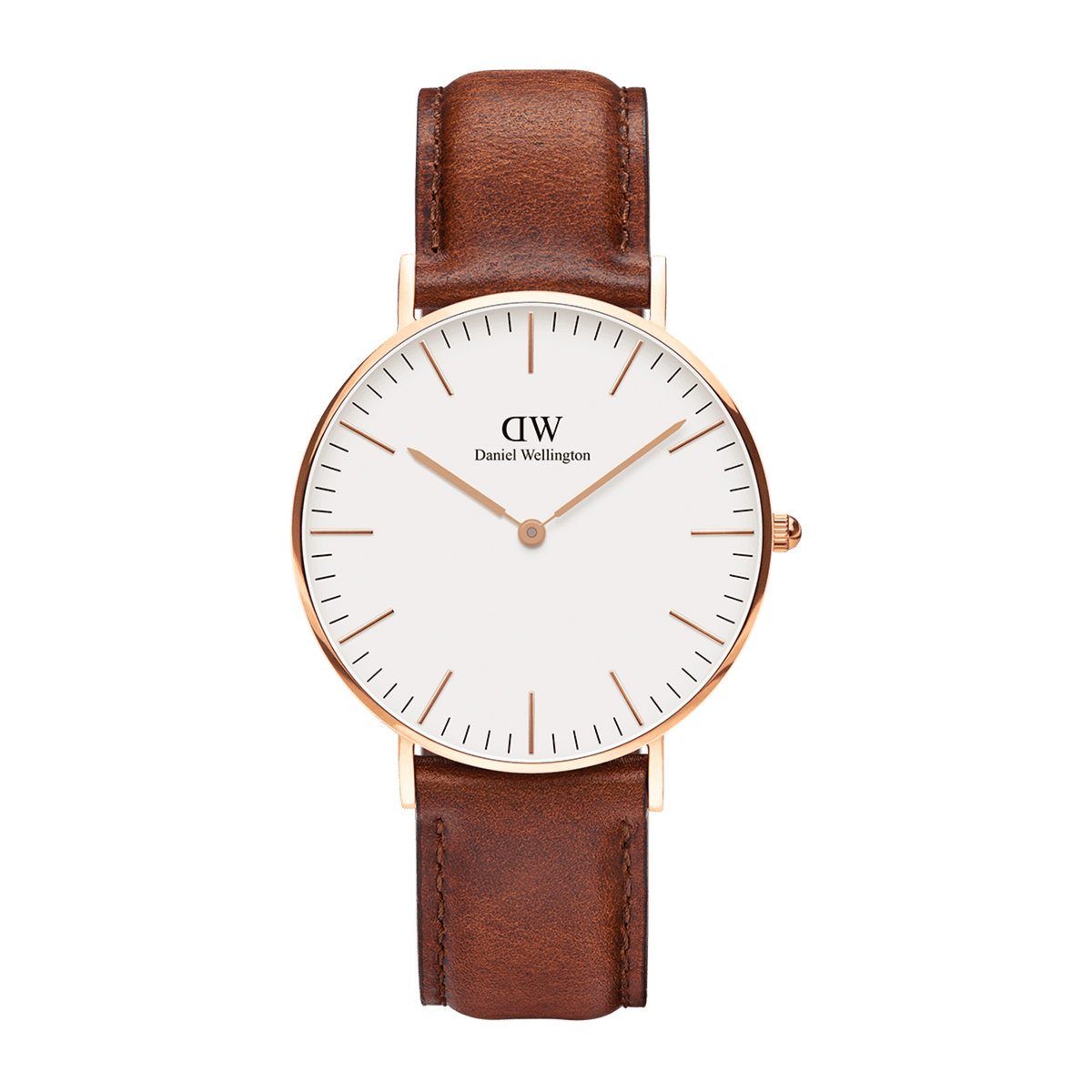 Rose gold Daniel Wellington Classic St Mawes watch with white minimalist dial and brown genuine leather strap.