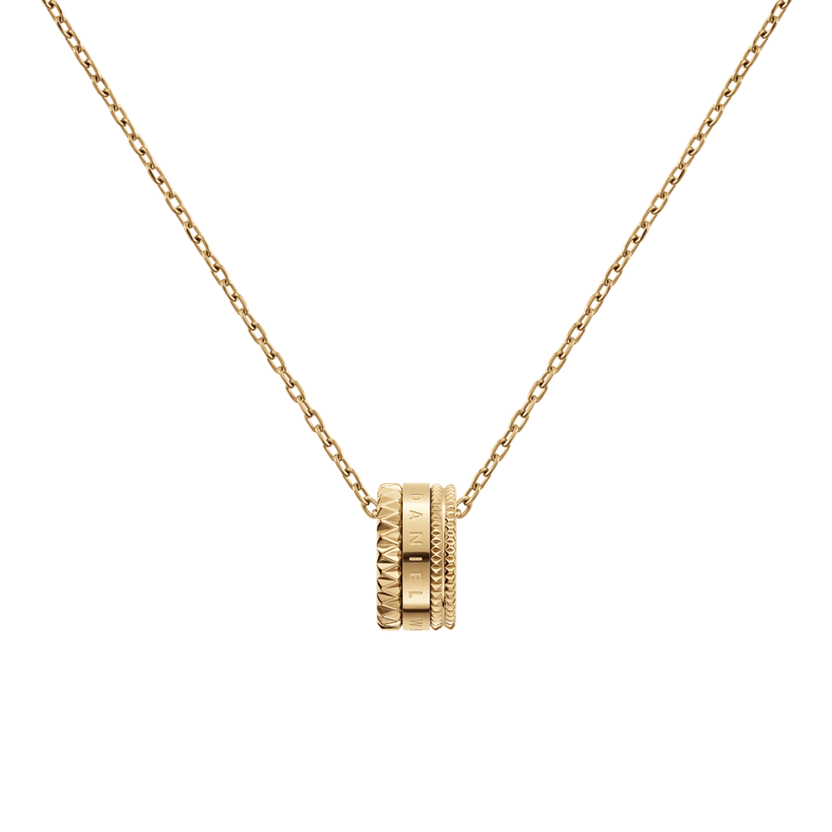 Polished gold Elevation Necklace featuring a geometric-inspired pendant with intricate detailing and a fine cable chain.