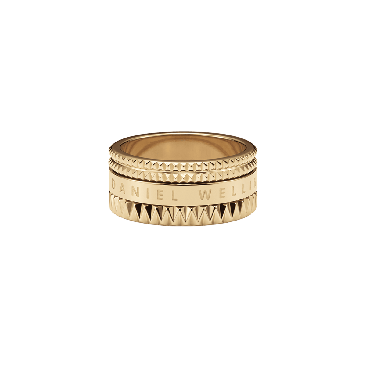Gold Elevation Ring featuring a chunky band, geometric textured edges, and Daniel Wellington engraving, crafted in polished stainless steel with PVD gold plating.