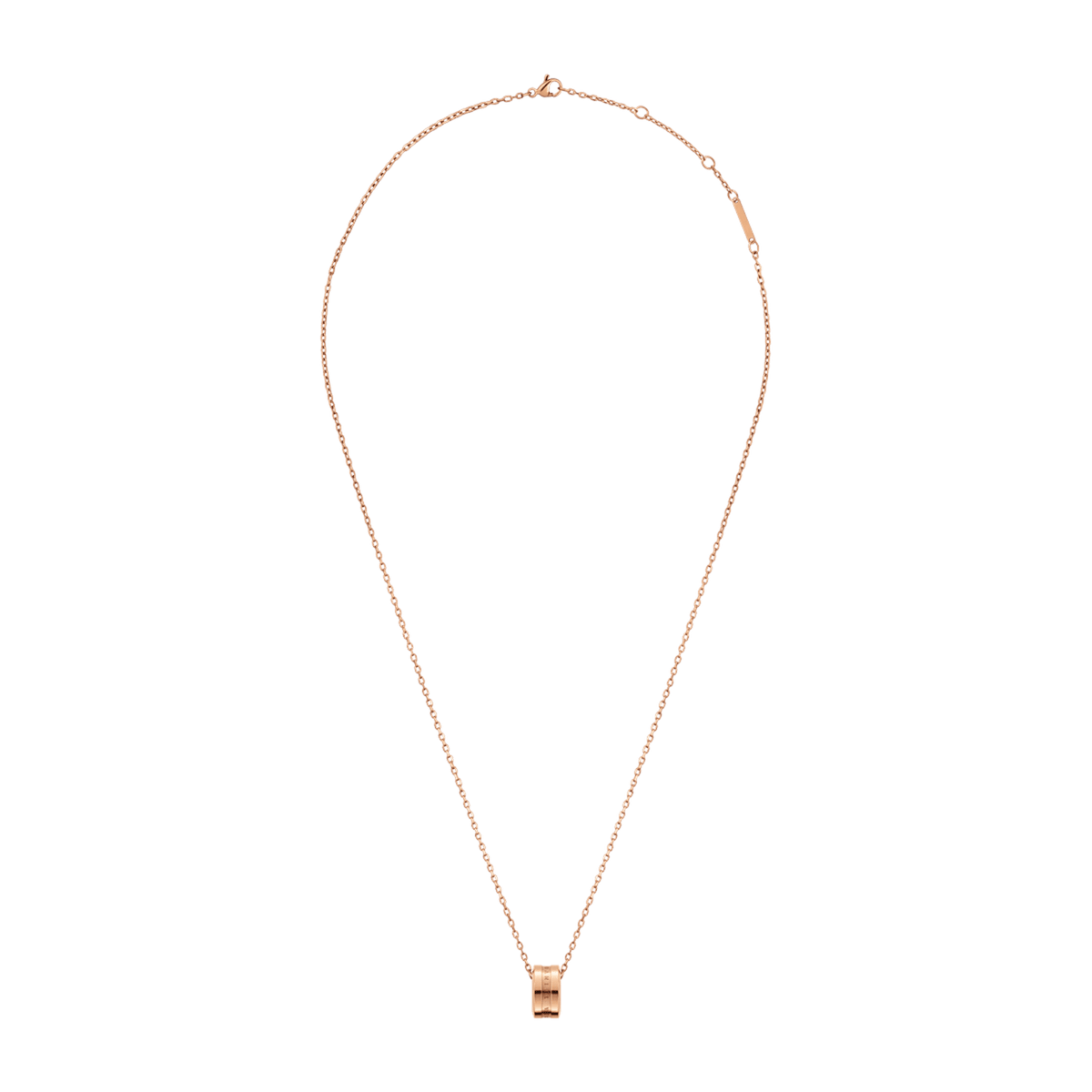 Elan Necklace Rose Gold shown with its full adjustable rose gold chain and minimalist ring pendant, highlighting its elegant and versatile design.