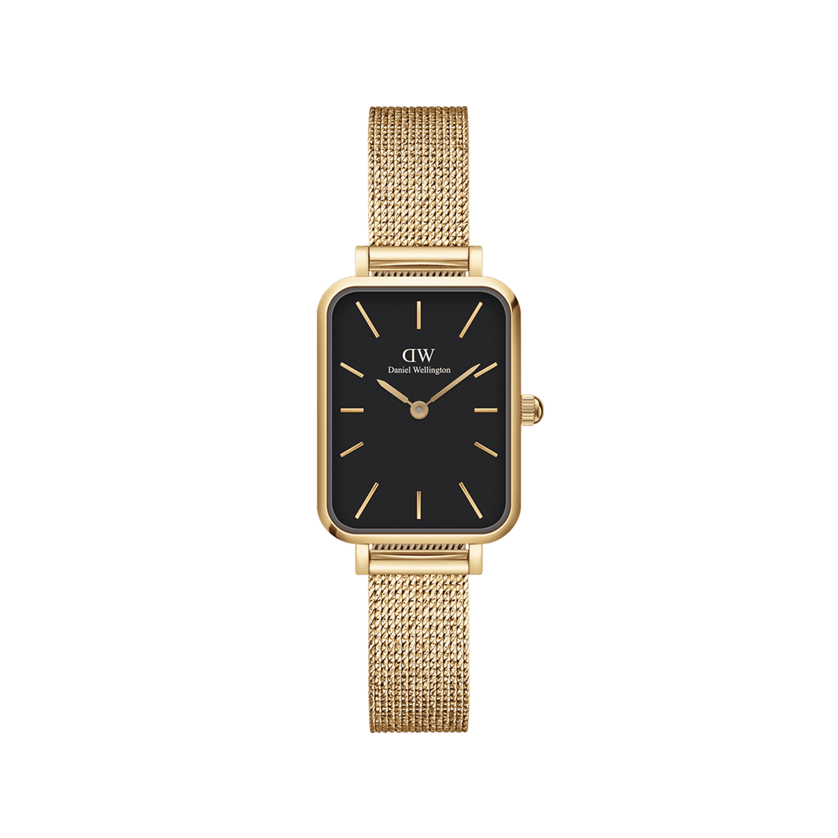 Rectangular gold watch with a black dial, gold hour markers, and a fine gold mesh strap, showcasing an elegant and modern design.