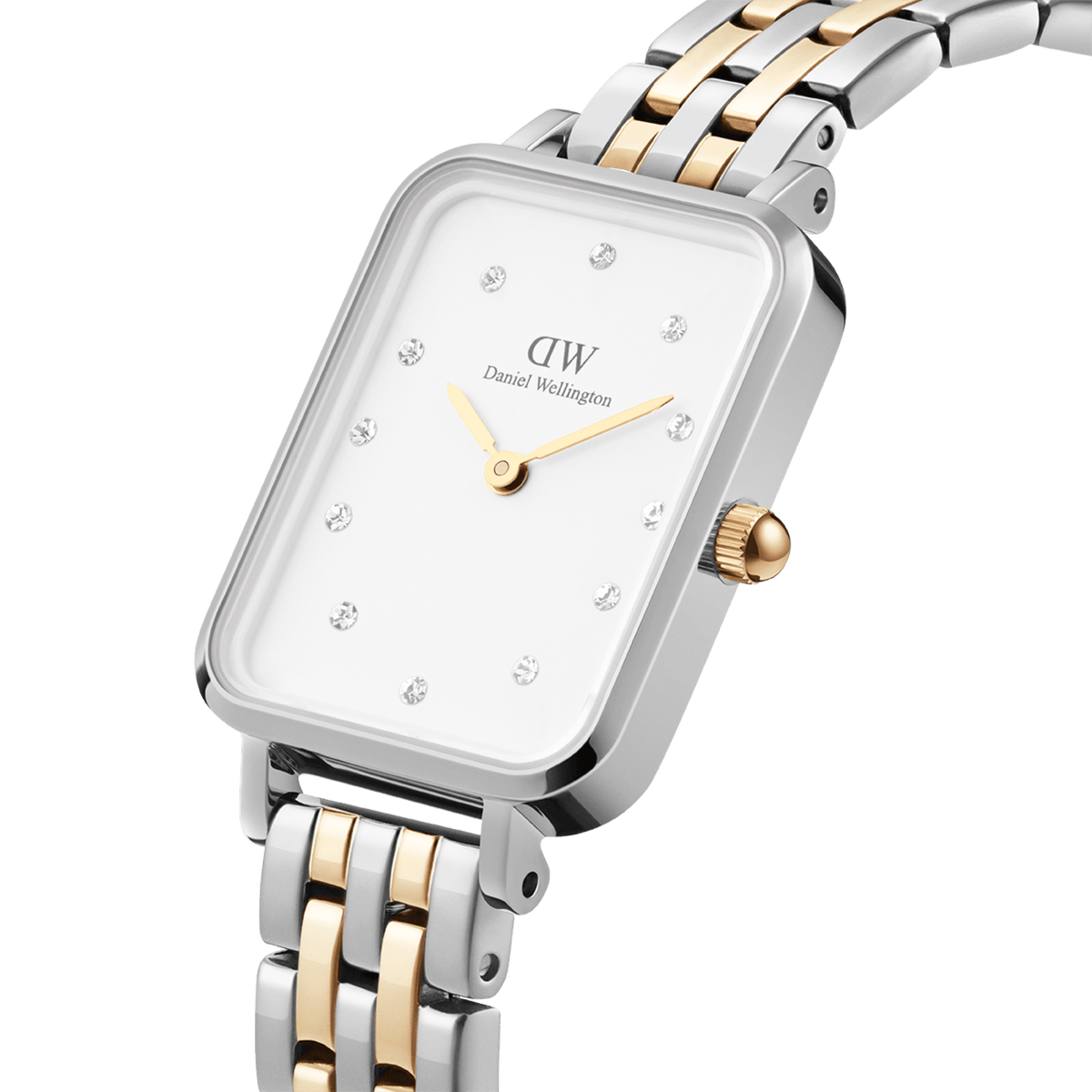 Quadro Lumine 5-link two-tone women’s watch with rectangular case, crystal hour markers, and gold-silver stainless steel strap.