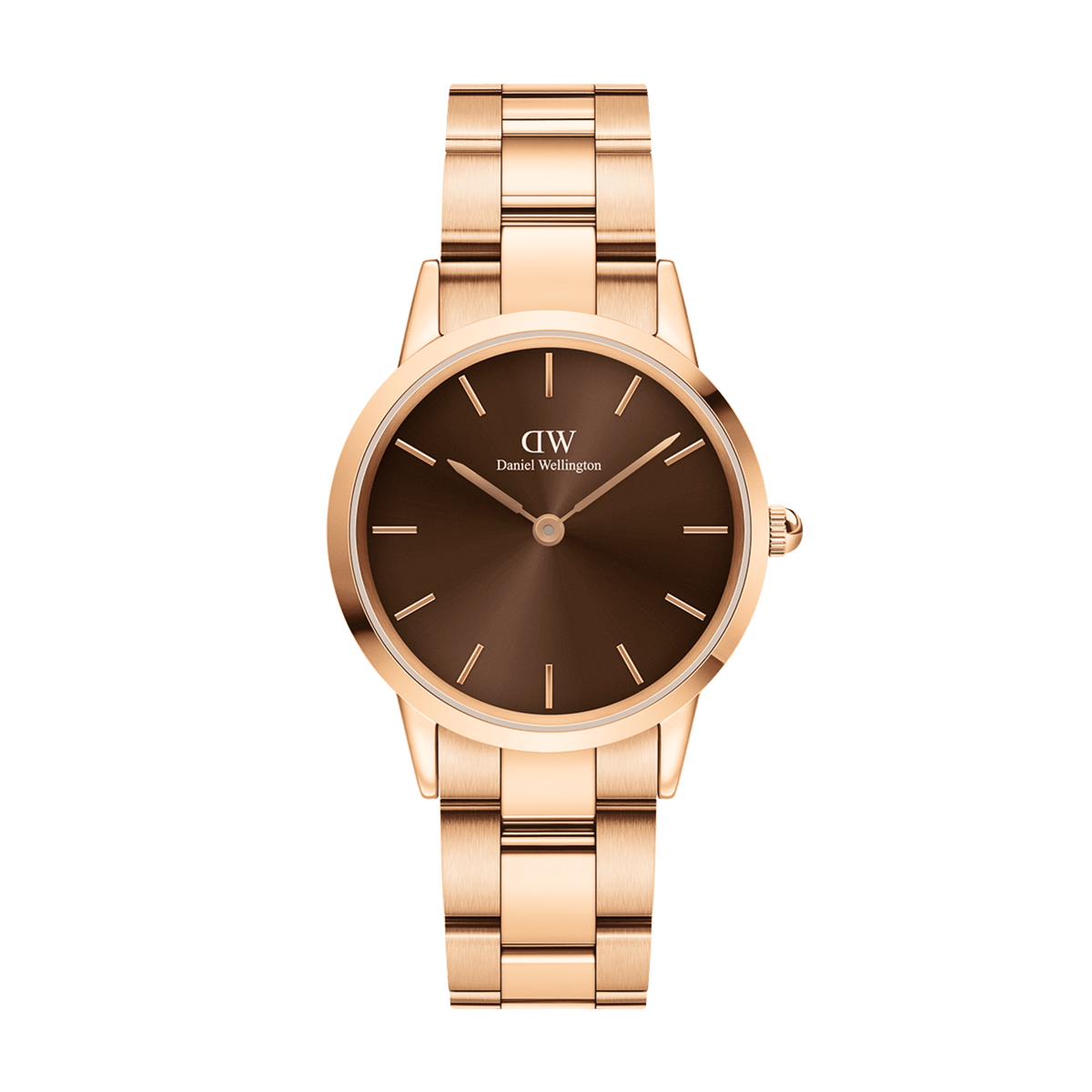 Iconic Link Amber watch by Daniel Wellington with a round rose gold case, minimalist brown sunray dial, and a polished rose gold link bracelet.