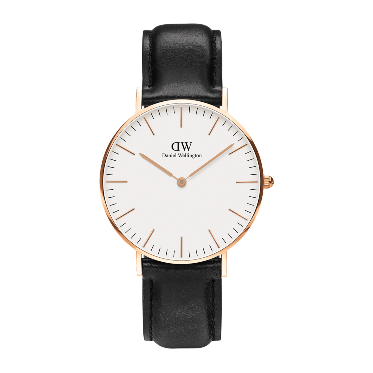 Daniel Wellington Classic Sheffield Rose Gold watch with minimalist white dial and black genuine leather strap.