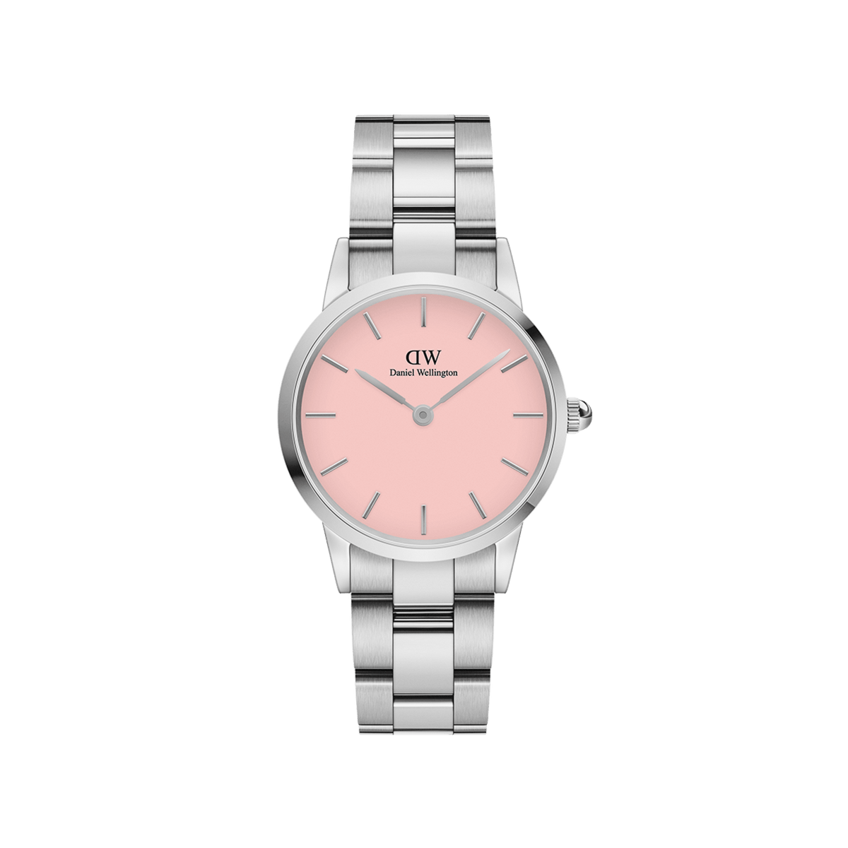 Elegant women's watch with a soft pink dial, minimalist silver indices, and a polished stainless steel link bracelet.