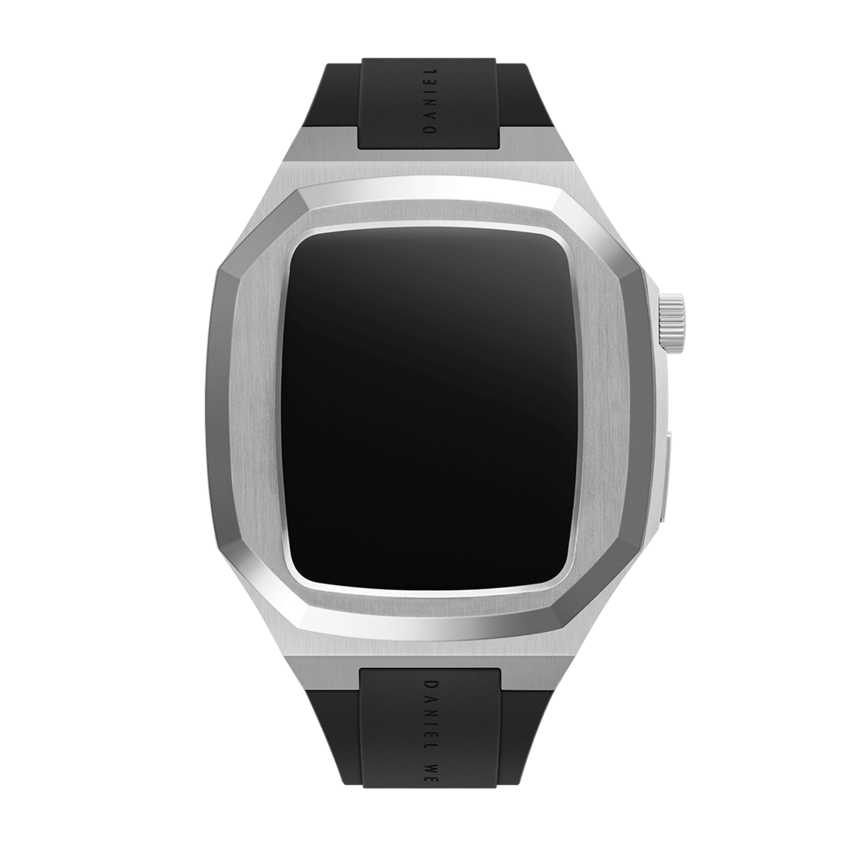 Stainless steel Daniel Wellington Switch Silver Apple Watch case with a geometric bezel and integrated black rubber strap, designed for 40mm Apple Watch Series 6, 5, 4 and SE.