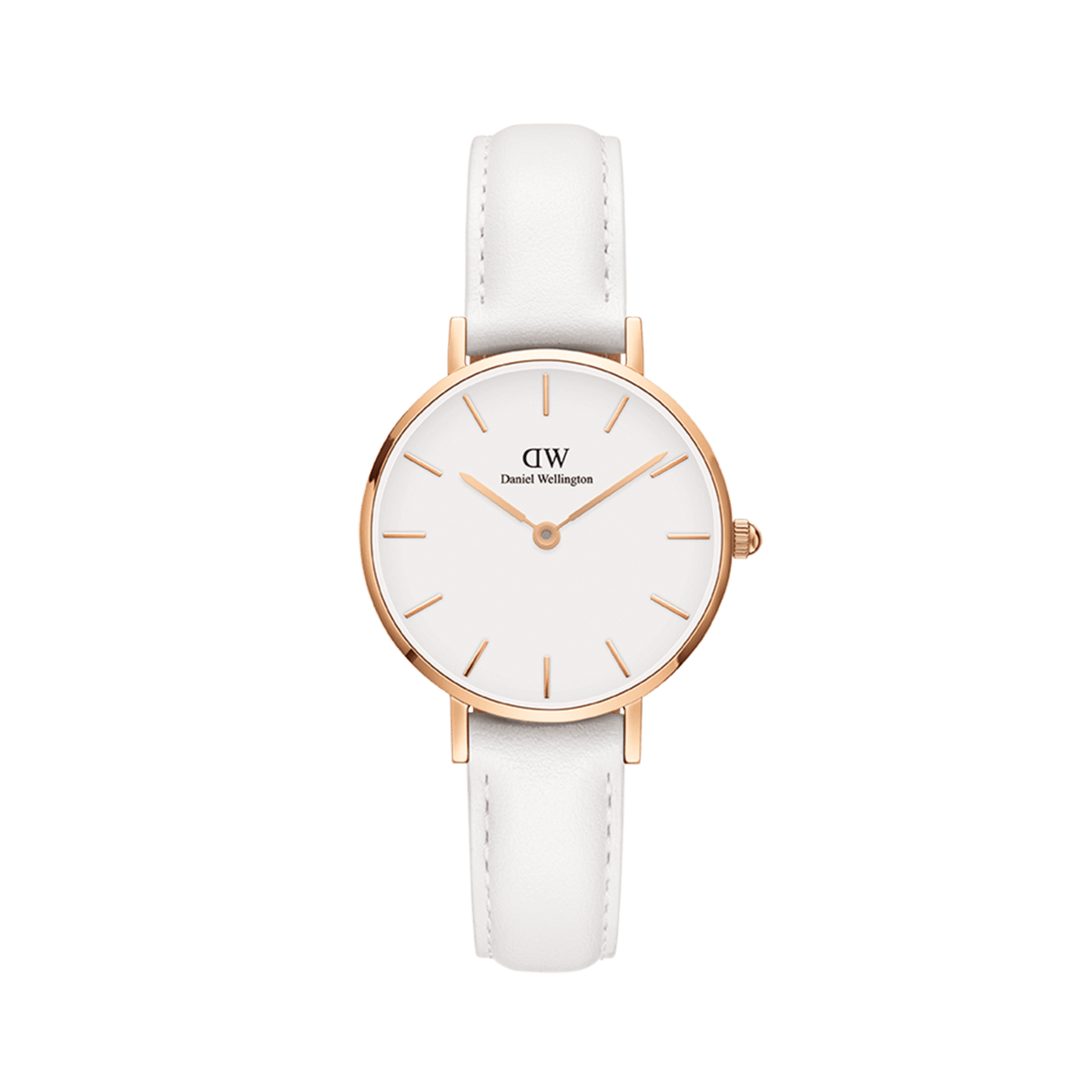 Petite Bondi Rose Gold women’s watch with white leather strap, eggshell dial, and minimalist rose gold markers.