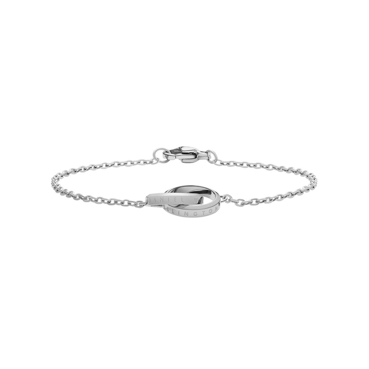 Elegant Daniel Wellington Elan Unity Bracelet in polished silver, featuring two engraved interlocking rings on a slender stainless steel chain.