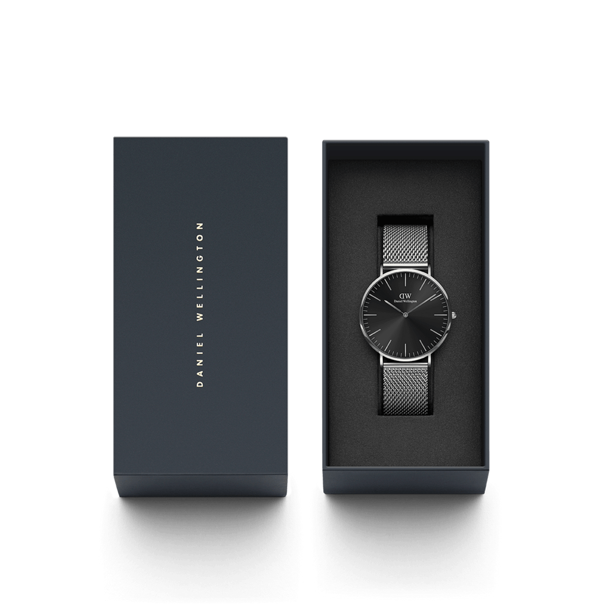 Classic Mesh Onyx watch with a black sunray dial and silver mesh strap, elegantly presented in Daniel Wellington’s signature gift box.