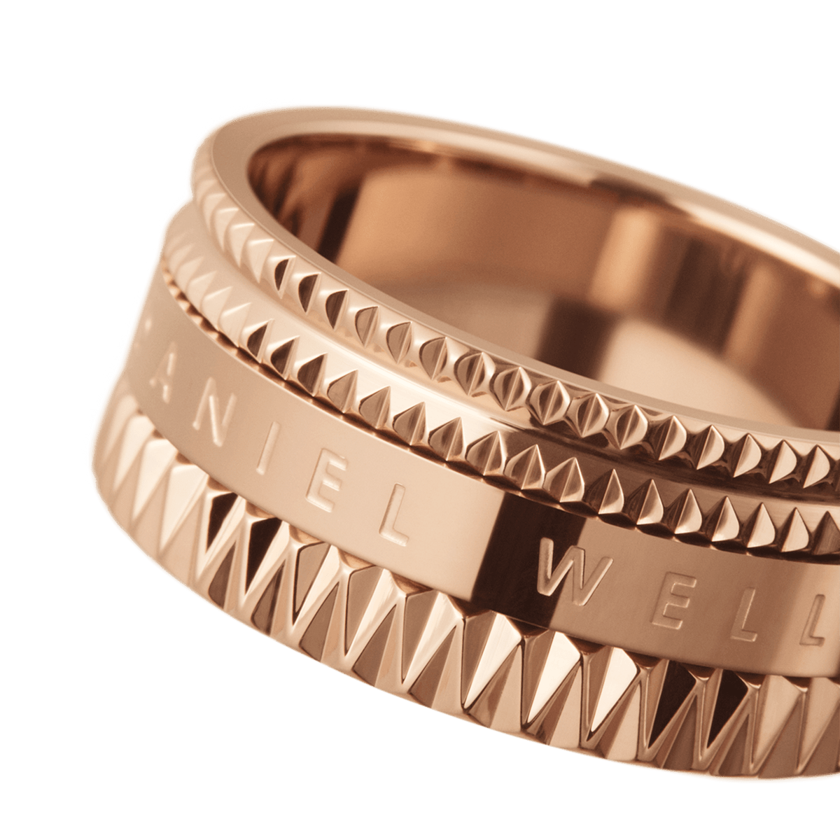 Close-up of the Elevation Ring Rose Gold highlighting its bold geometric texture, engraved detailing, and polished rose gold stainless steel finish.