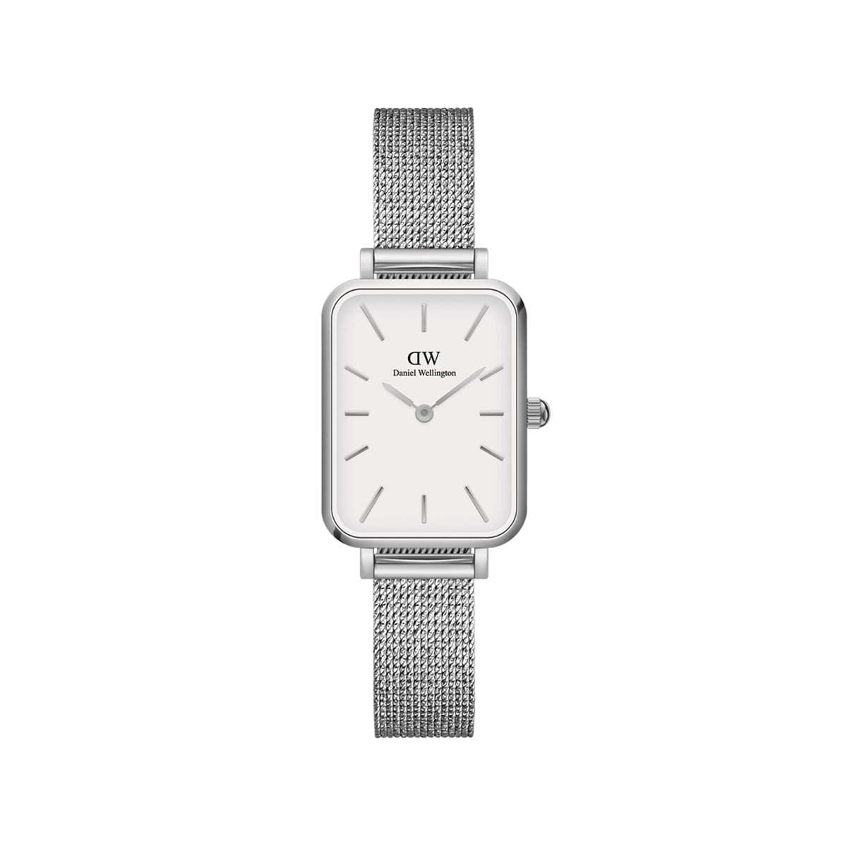 Quadro Pressed Sterling women’s silver watch with rectangular eggshell white dial and adjustable stainless steel mesh strap.