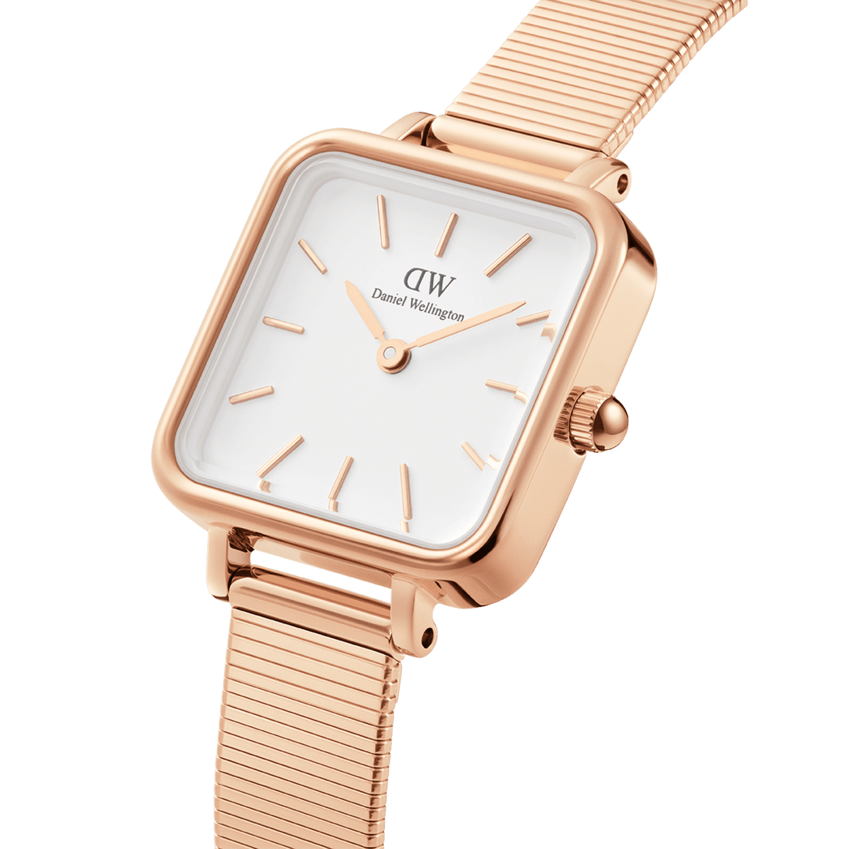 Quadro Studio Rose Gold women’s watch featuring a square eggshell white dial, minimalist markers, and a polished rose gold piano link strap.