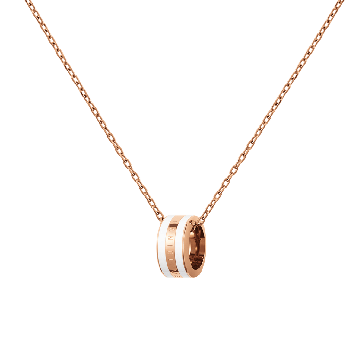 Rose gold necklace with a delicate chain and a satin white enamel ring pendant engraved with subtle branding.