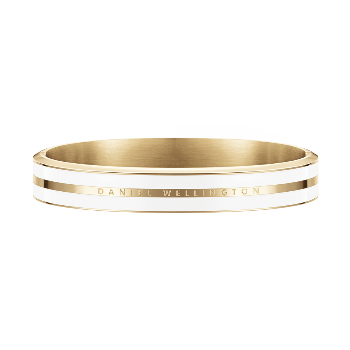 Gold bangle bracelet with a polished finish, white enamel inlay, and engraved Daniel Wellington logo, showcasing a modern yet timeless design.