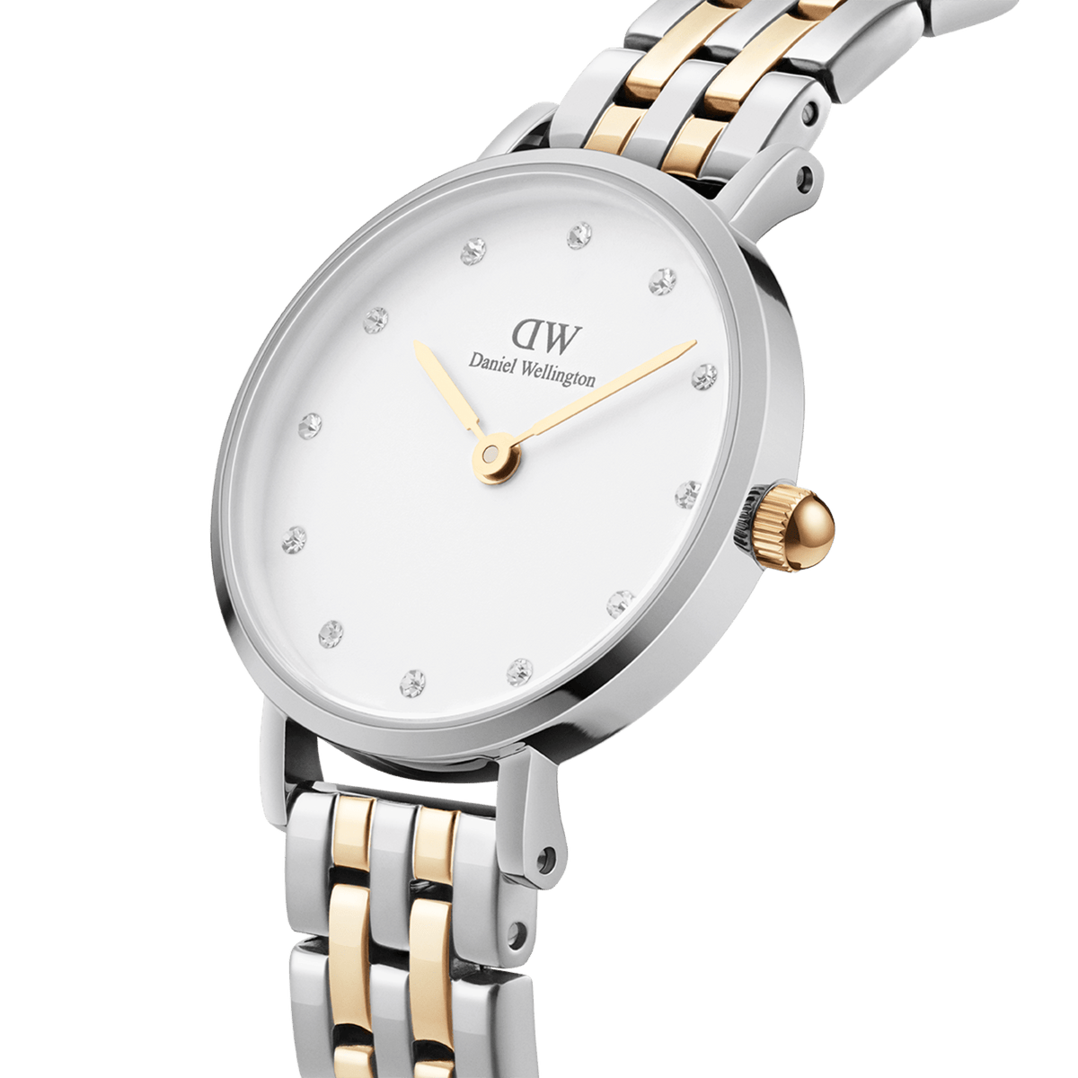 Elegant Petite Lumine 5-link two-tone women’s watch with a slim silver and gold stainless steel bracelet, eggshell white dial, gold-tone hands, and twelve sparkling crystal markers.