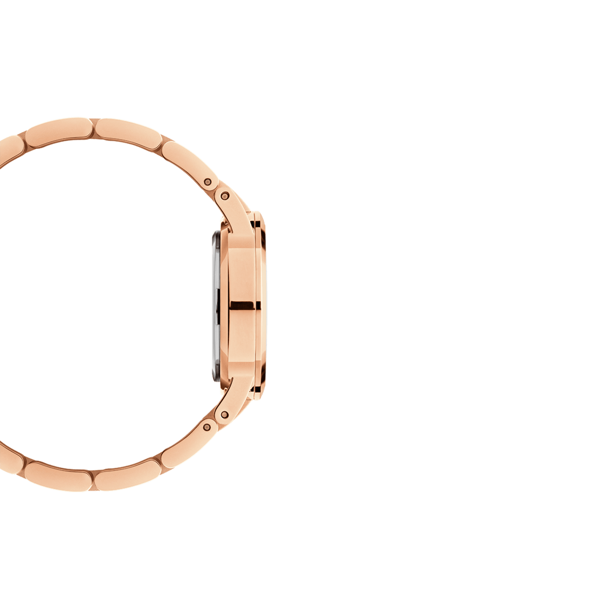 Side profile of the Iconic Link Unitone Rose Gold women’s watch with slim case and polished rose gold link bracelet.