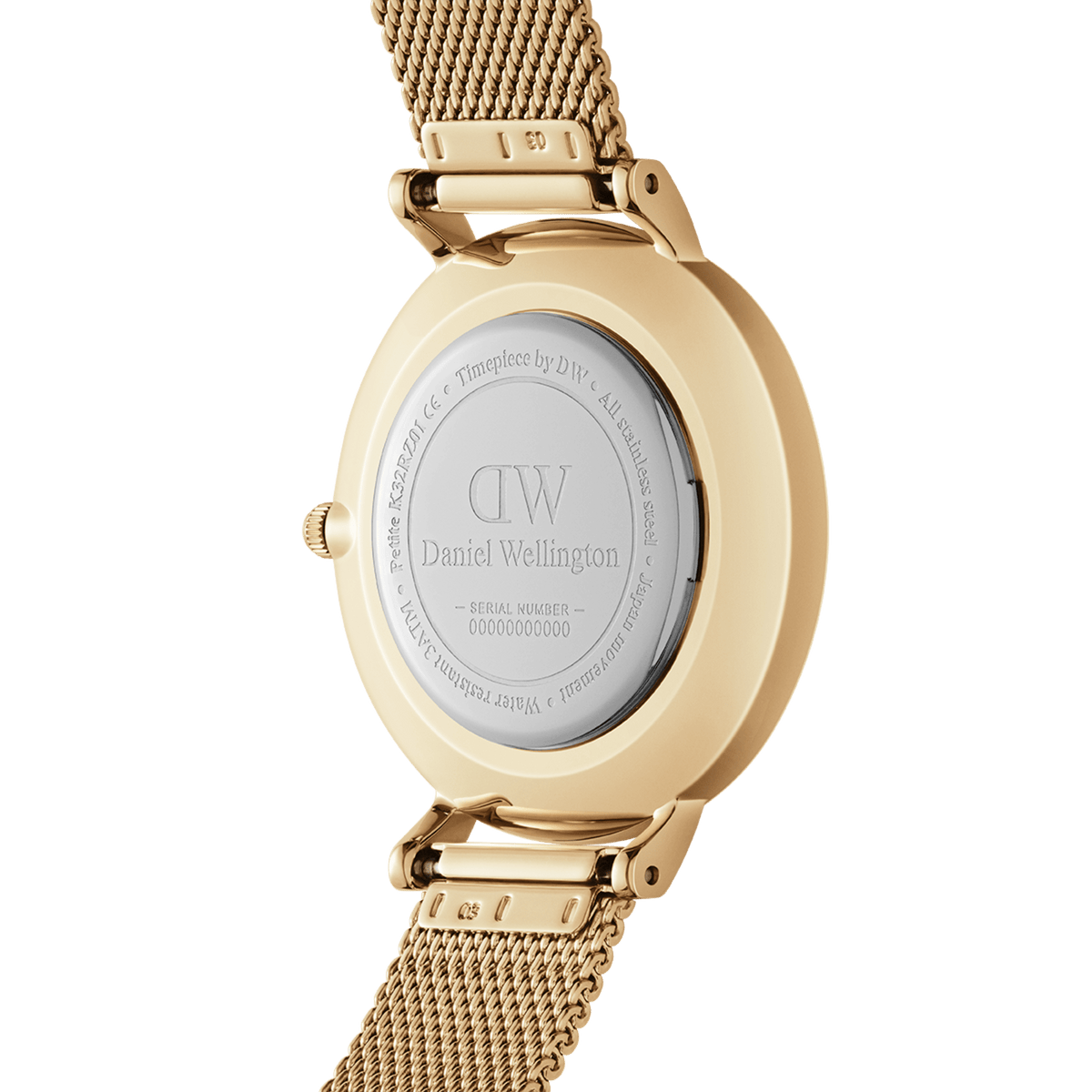 Back view of Petite Unitone Gold women’s watch showing engraved case and gold mesh strap, Daniel Wellington branding.