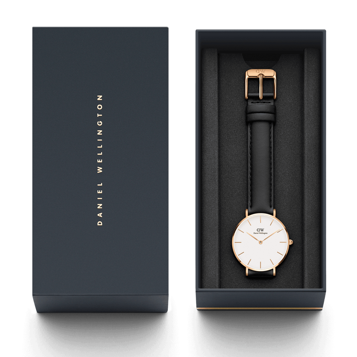Petite Sheffield Rose Gold watch with a black leather strap presented in an elegant Daniel Wellington gift box.