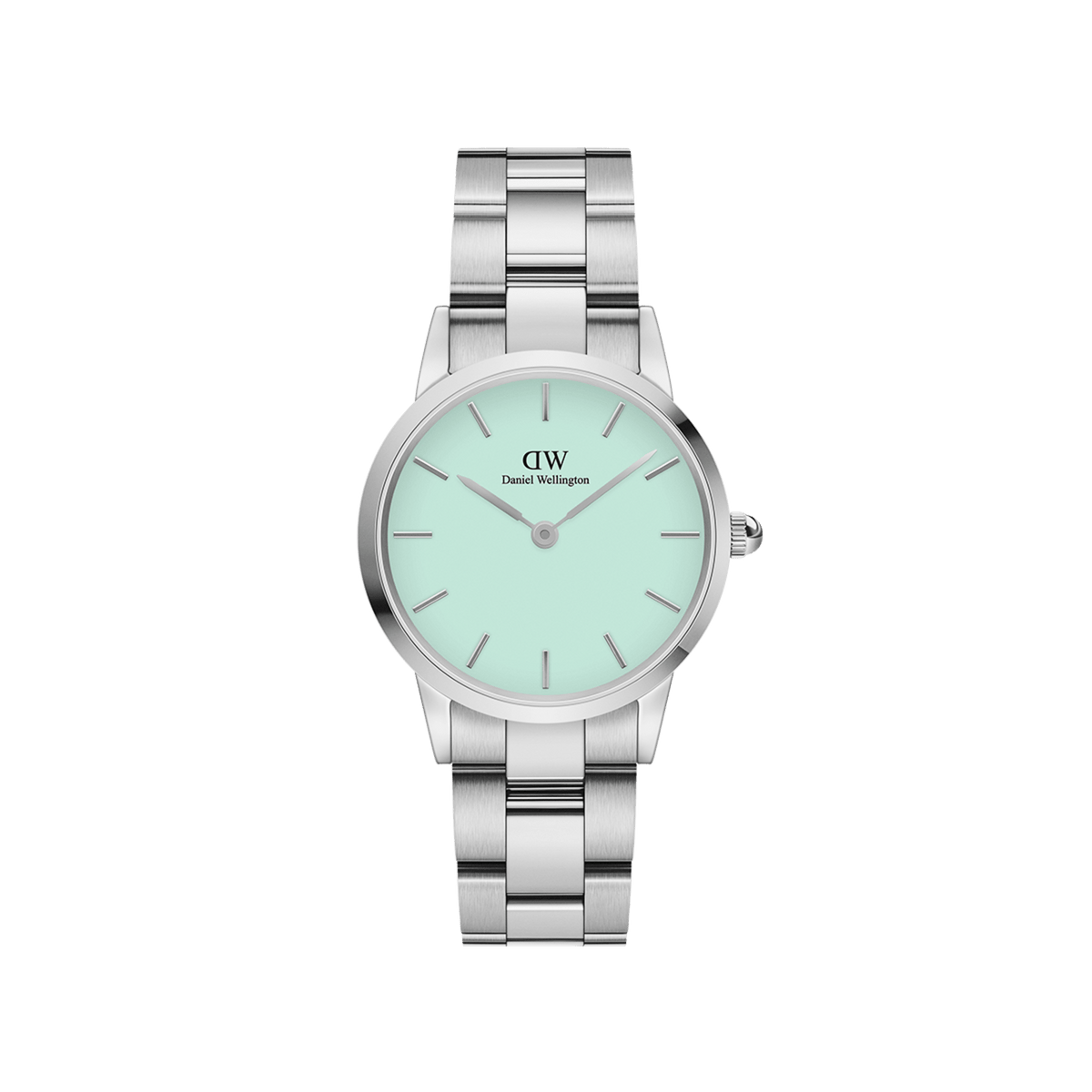 Daniel Wellington Iconic Link Mint Silver women’s watch with mint green dial and polished stainless steel link bracelet.