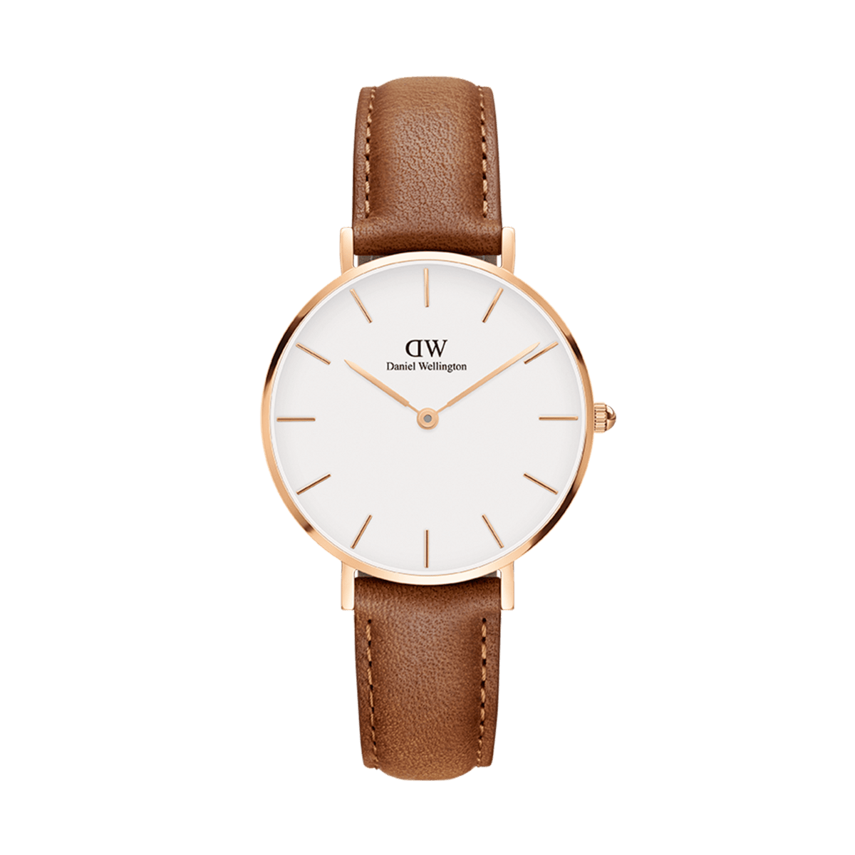 Daniel Wellington Petite Durham Rose Gold women’s watch with a slim rose gold case, minimalist white dial, and light brown leather strap.