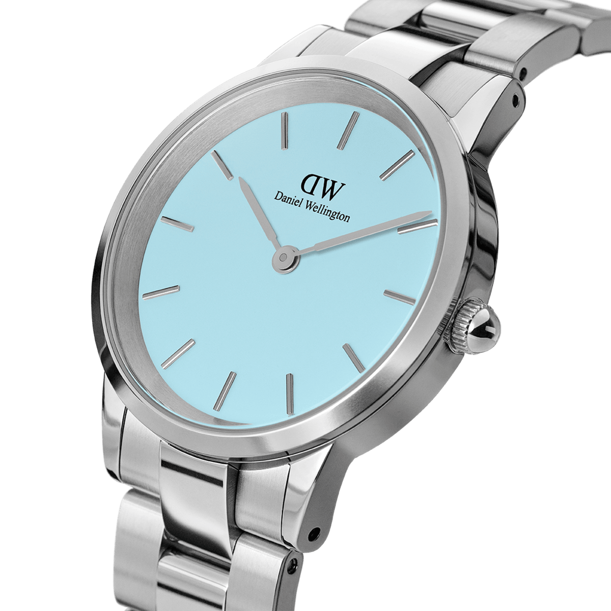 Daniel Wellington Iconic Link Capri Silver women’s watch with pastel blue dial and sleek stainless steel strap, minimalist style.