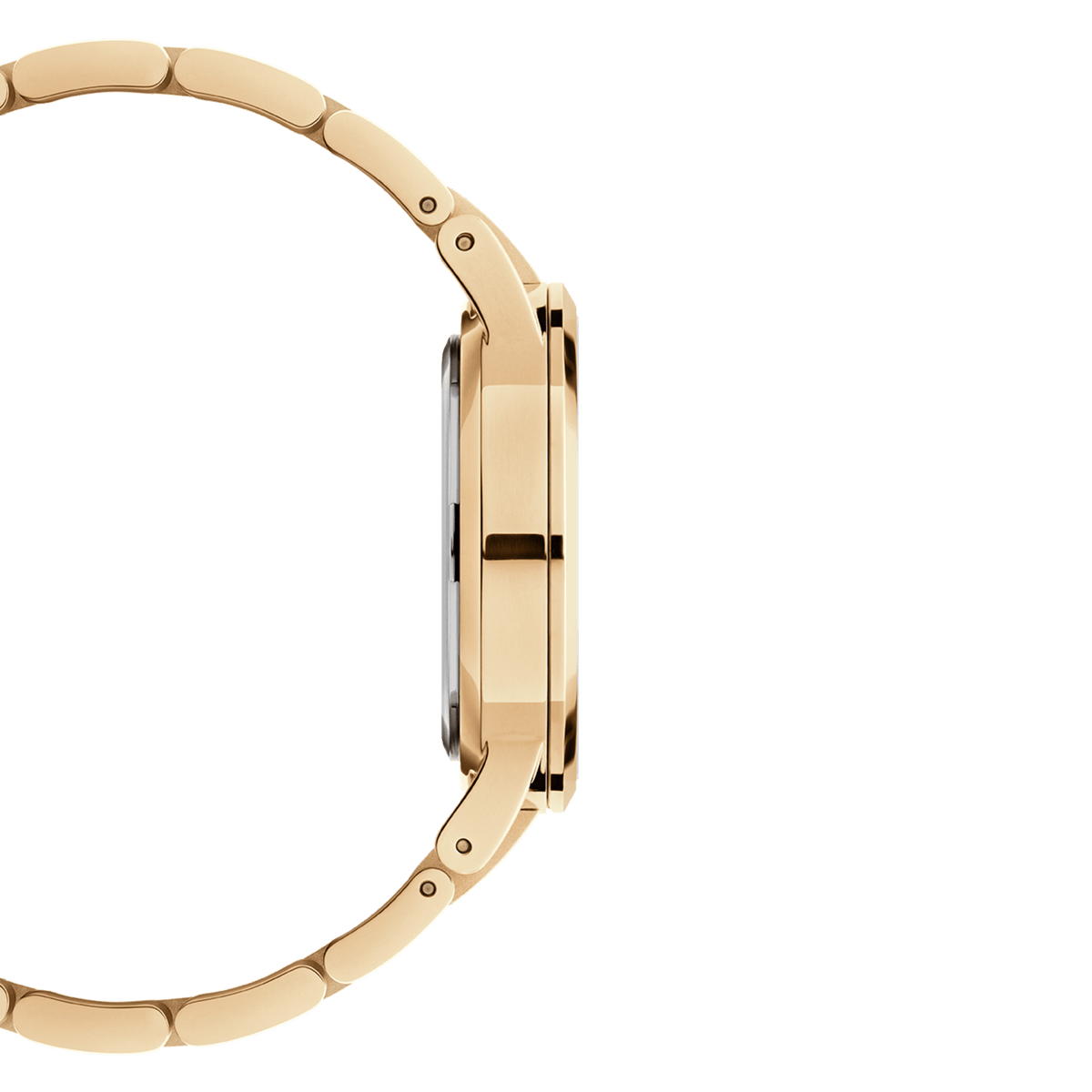 Side profile of Daniel Wellington Iconic Link Emerald Gold watch showing slim gold case and polished gold link bracelet.