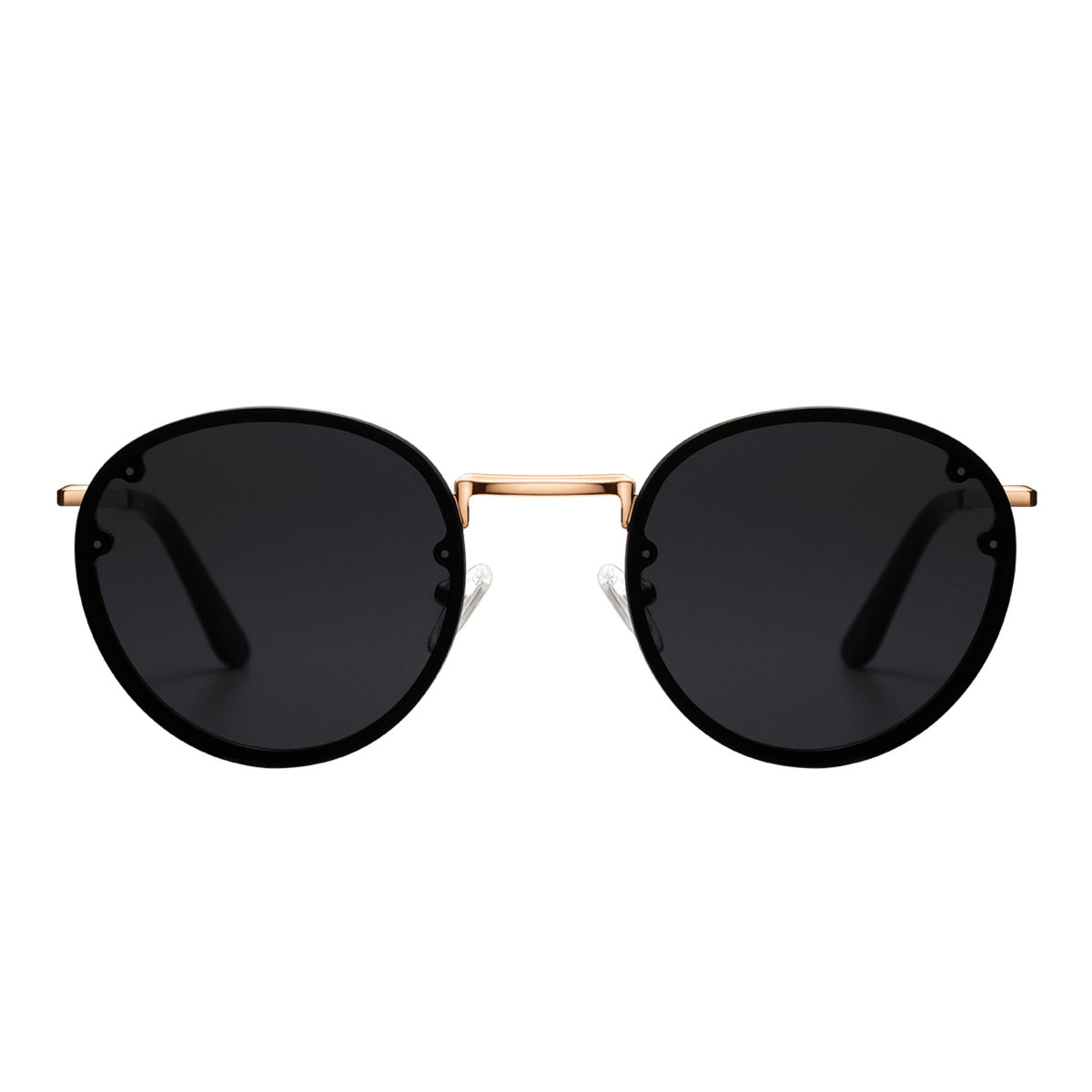 Round Arch Steel Black sunglasses with deep black nylon lenses, a slim rose gold-plated stainless steel frame, and black acetate temple tips.