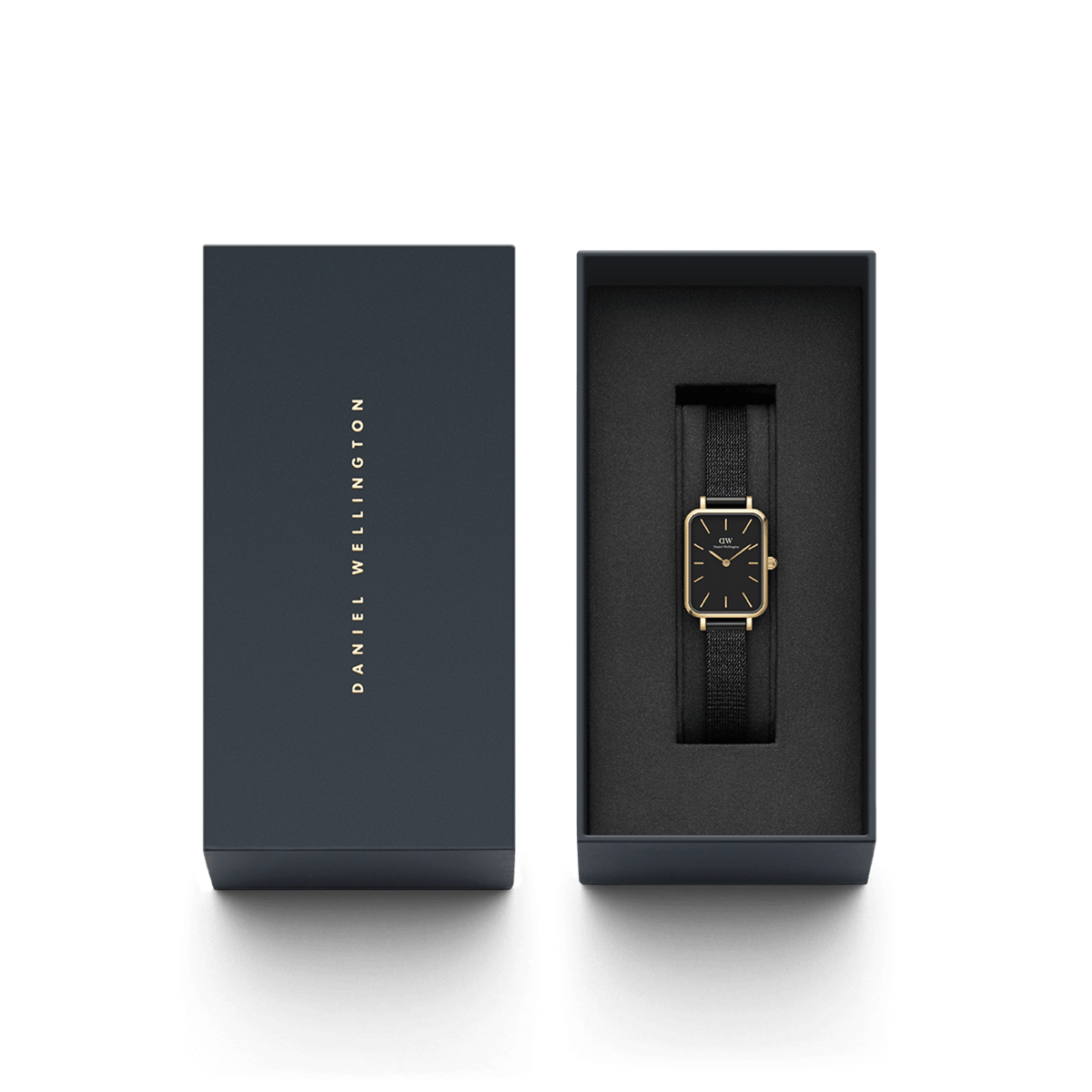 Quadro Pressed Ashfield Gold women’s watch with black mesh strap in Daniel Wellington gift box, elegant and minimalist style.