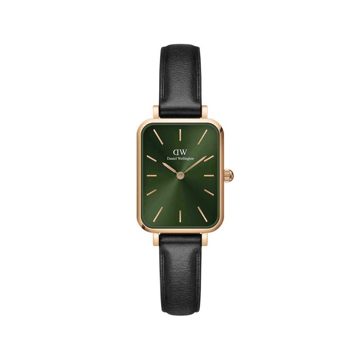 Rectangular women’s watch with an emerald green dial, rose gold-plated case, minimalist markers, and a black leather strap.