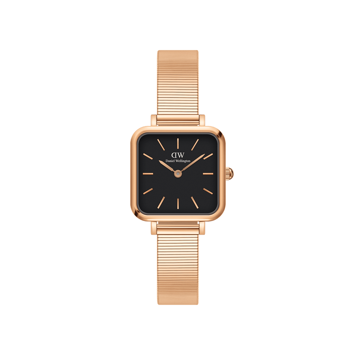 Square rose gold women’s watch with a black dial and a slim, polished rose gold stainless steel strap.