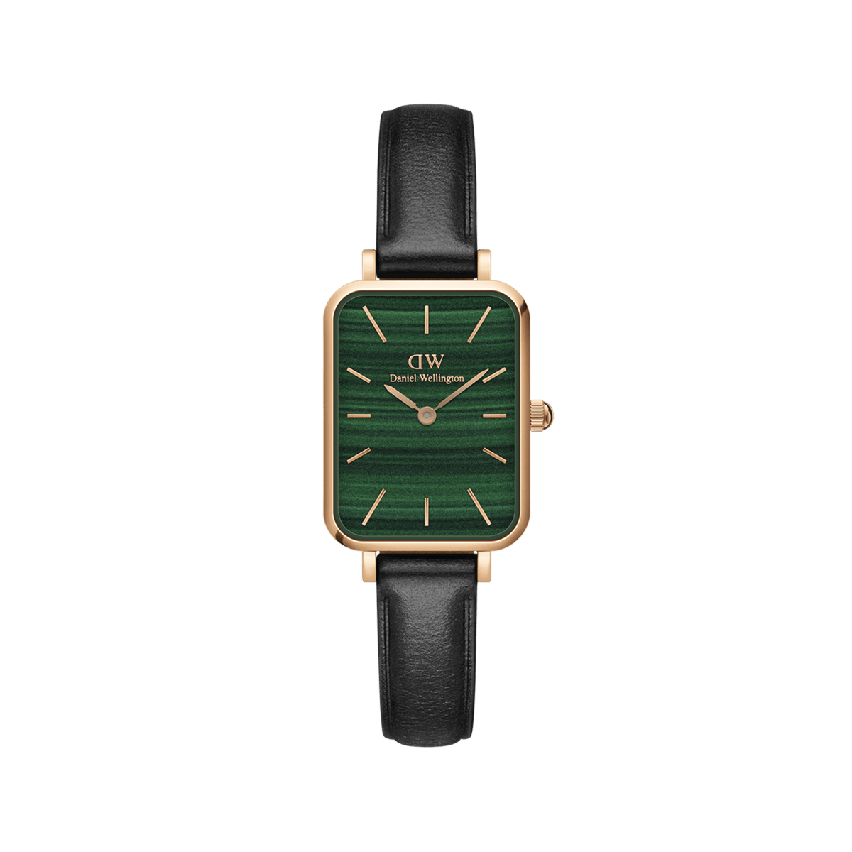 Rectangular women’s watch featuring a malachite-inspired green dial, rose gold case, minimalist markers, and a slim black leather strap.