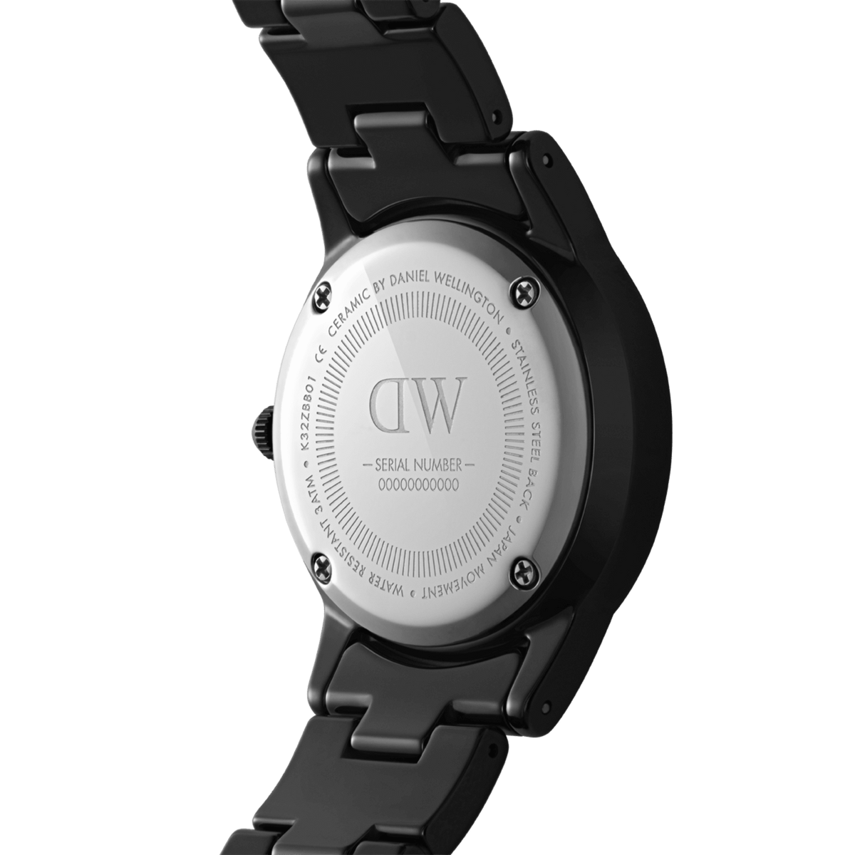 Back view of the Iconic Link Ceramic watch showing the stainless steel case back engraved with Daniel Wellington branding and the black ceramic bracelet.