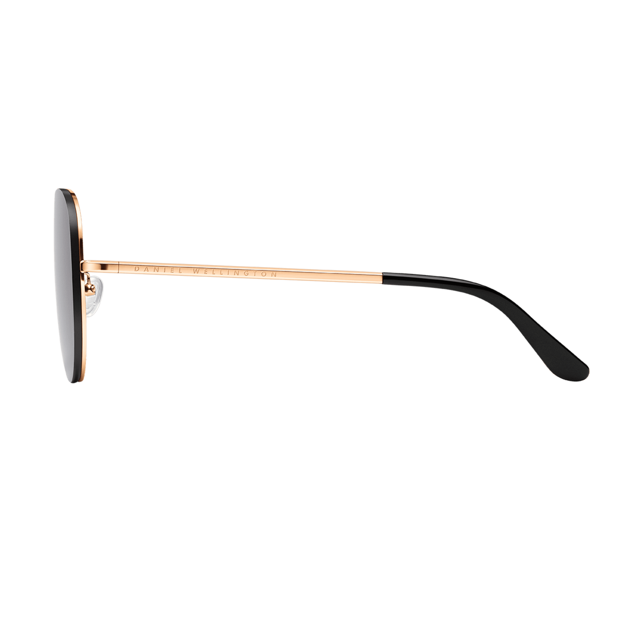 Side view of Avion Steel Rose Gold sunglasses showing the slim rose gold stainless steel arm with black acetate temple tip and engraved branding.
