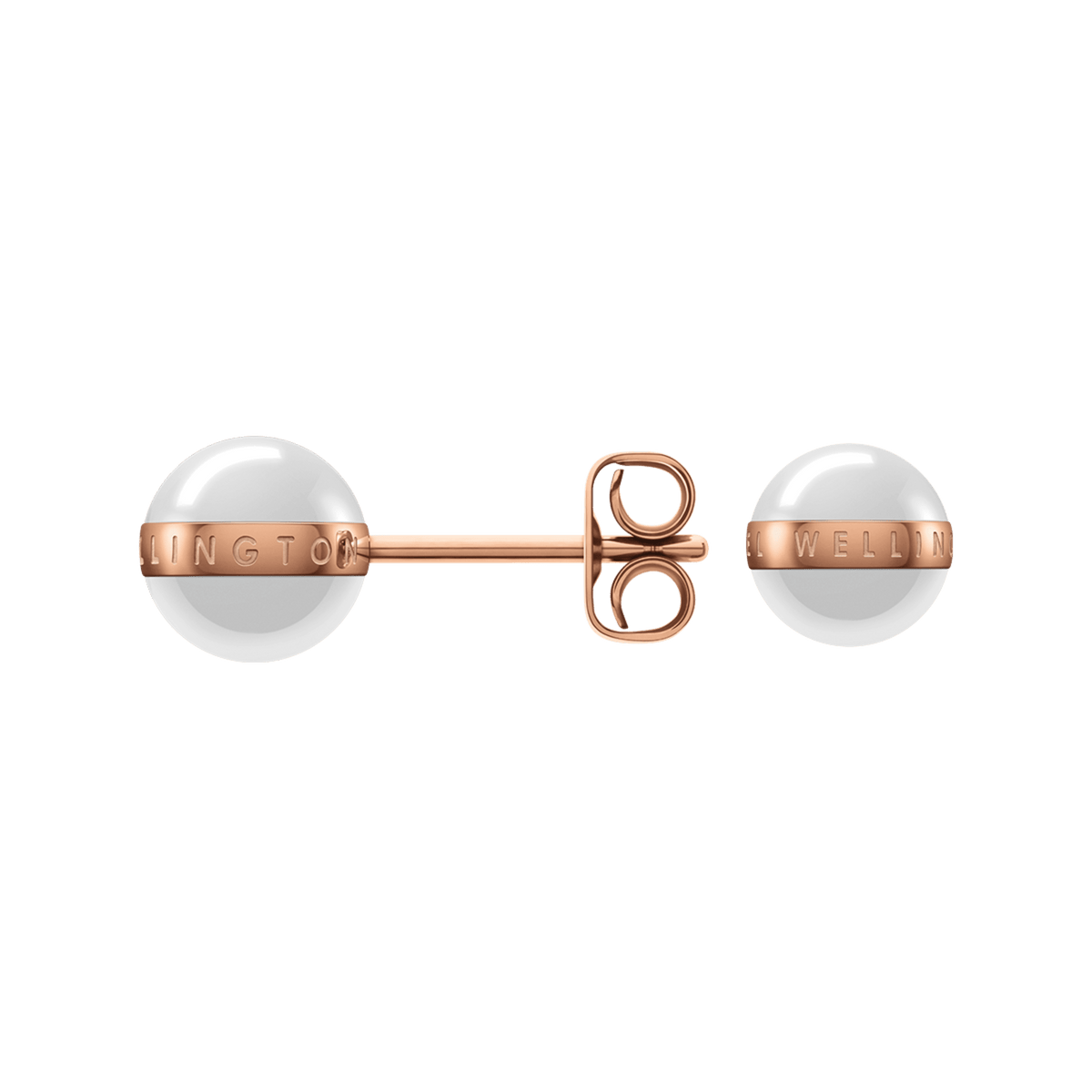 Aspiration Earrings in rose gold and satin white, featuring round ceramic studs with a rose gold plated band engraved with signature detailing and a butterfly fastening.