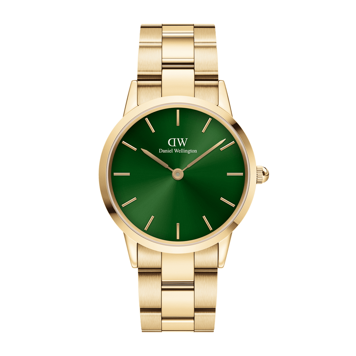 Daniel Wellington Iconic Link Emerald Gold women’s watch with gold-plated bracelet and emerald green sunray dial.