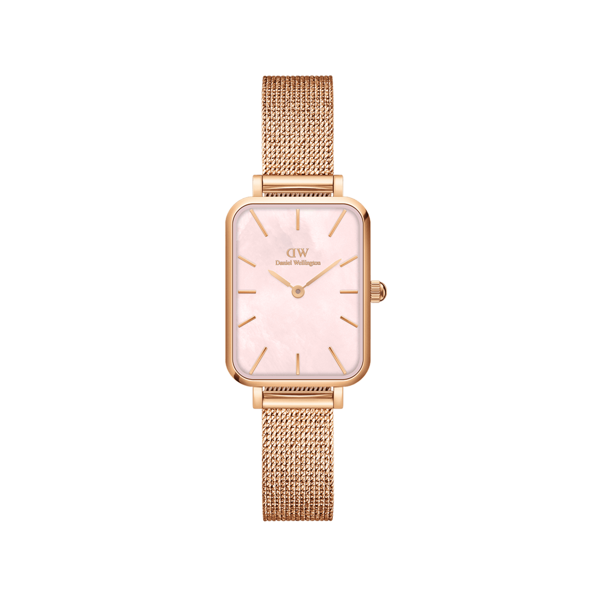 Rectangular women’s watch with a pink mother-of-pearl dial, minimalist gold hour markers, and a rose gold mesh strap.