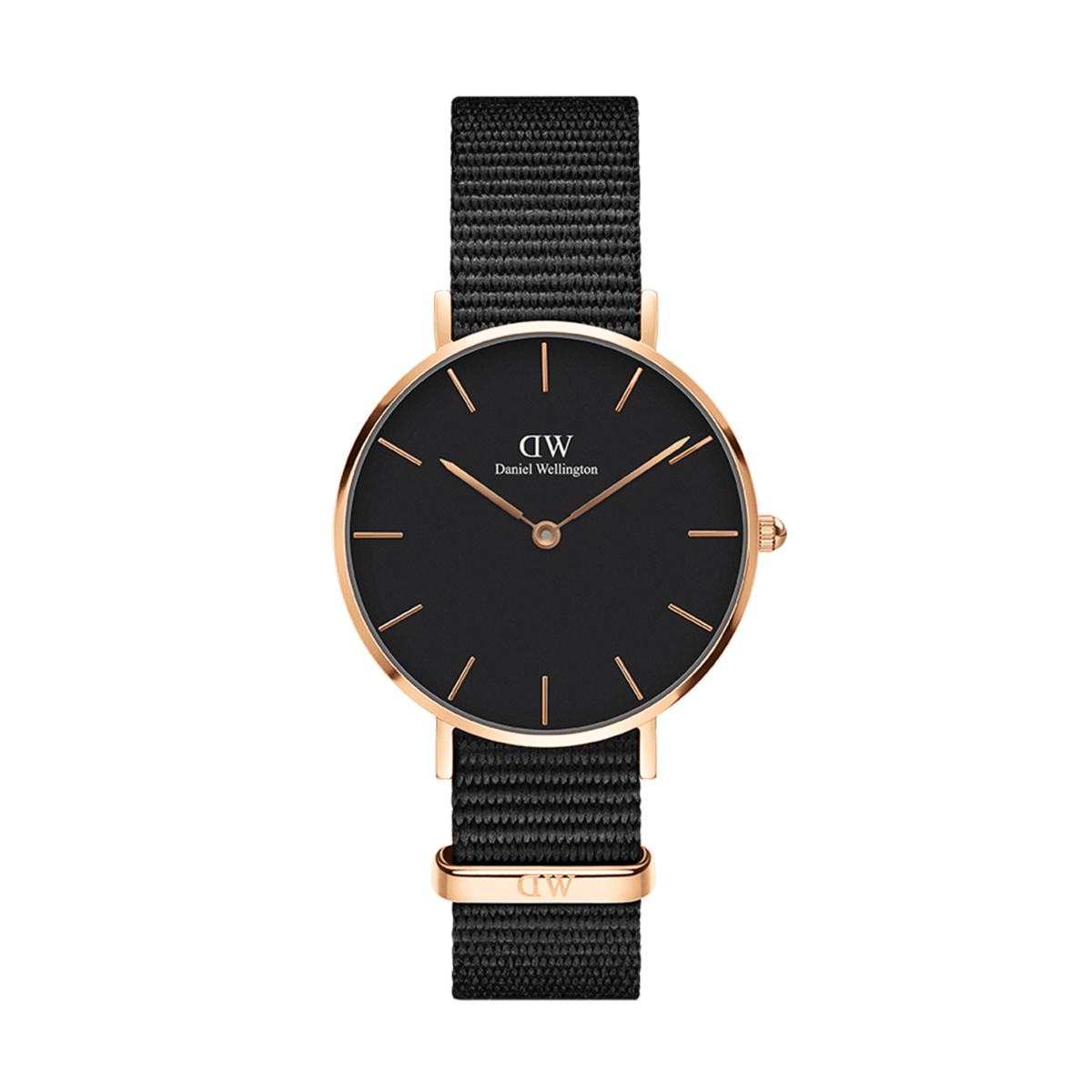 Daniel Wellington Petite Cornwall Rose Gold women’s watch with black dial, rose gold case, and black woven NATO strap.