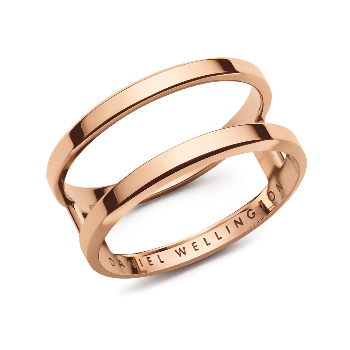 Polished rose gold dual band ring with a modern open structure and subtle Daniel Wellington engraving on the inside.