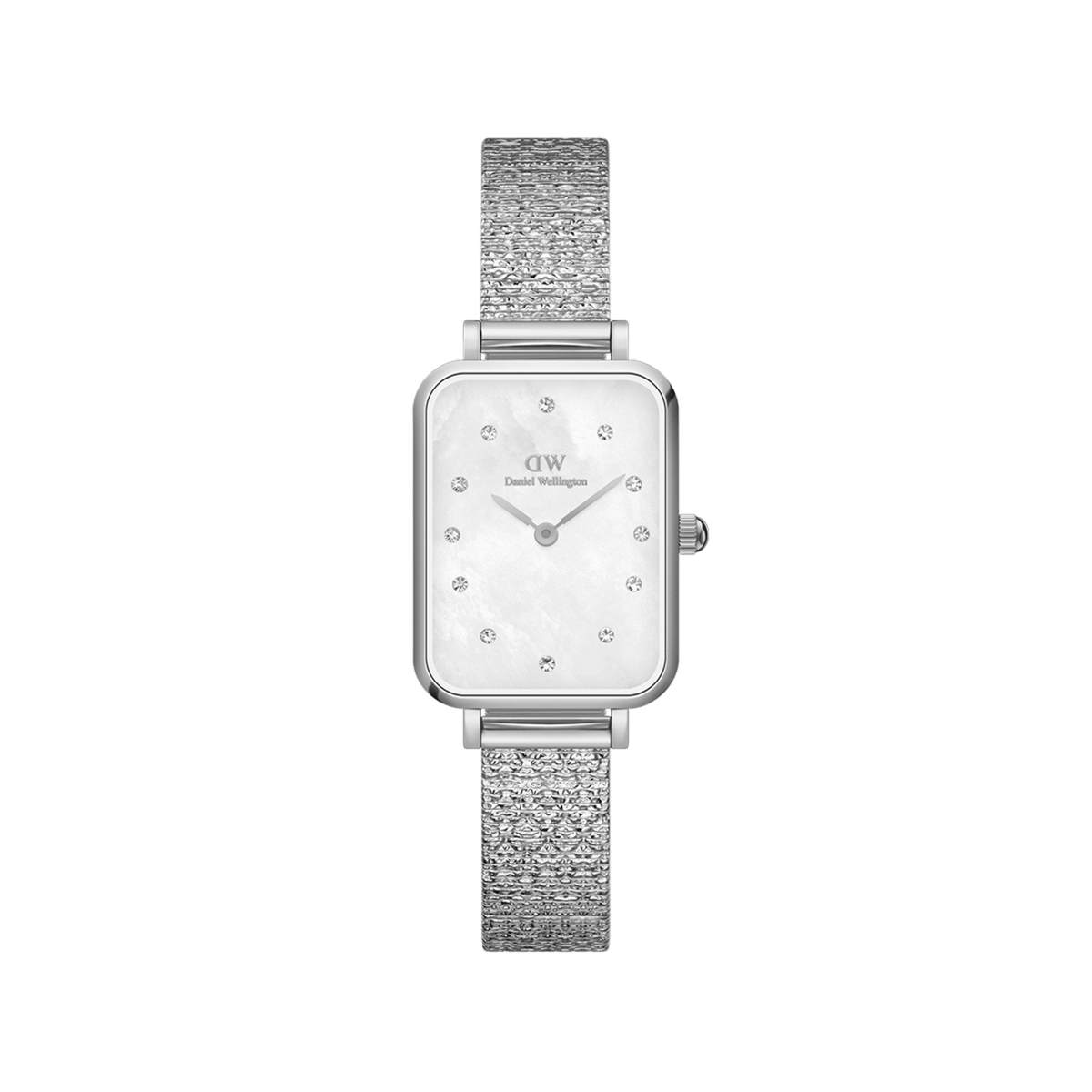 Rectangular silver ladies watch with pressed piano link strap, white mother of pearl dial and crystal hour markers.