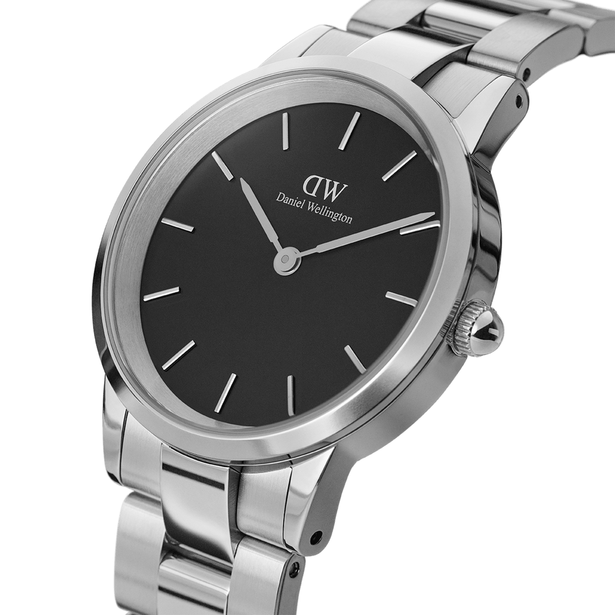 Daniel Wellington Iconic Link Silver watch with black minimalist dial and polished stainless steel link bracelet, close-up angle.