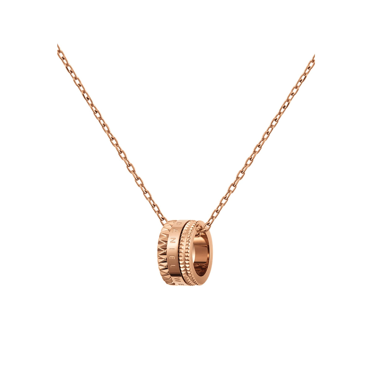 Rose gold Elevation Necklace featuring a sculpted geometric pendant with engraved detailing, hanging from a fine cable chain.