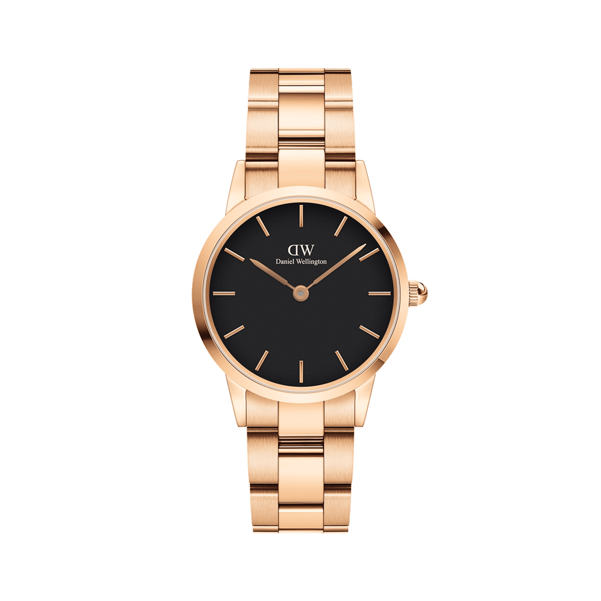 Rose gold Daniel Wellington Iconic Link watch with black dial and polished stainless steel link bracelet, minimalist design.