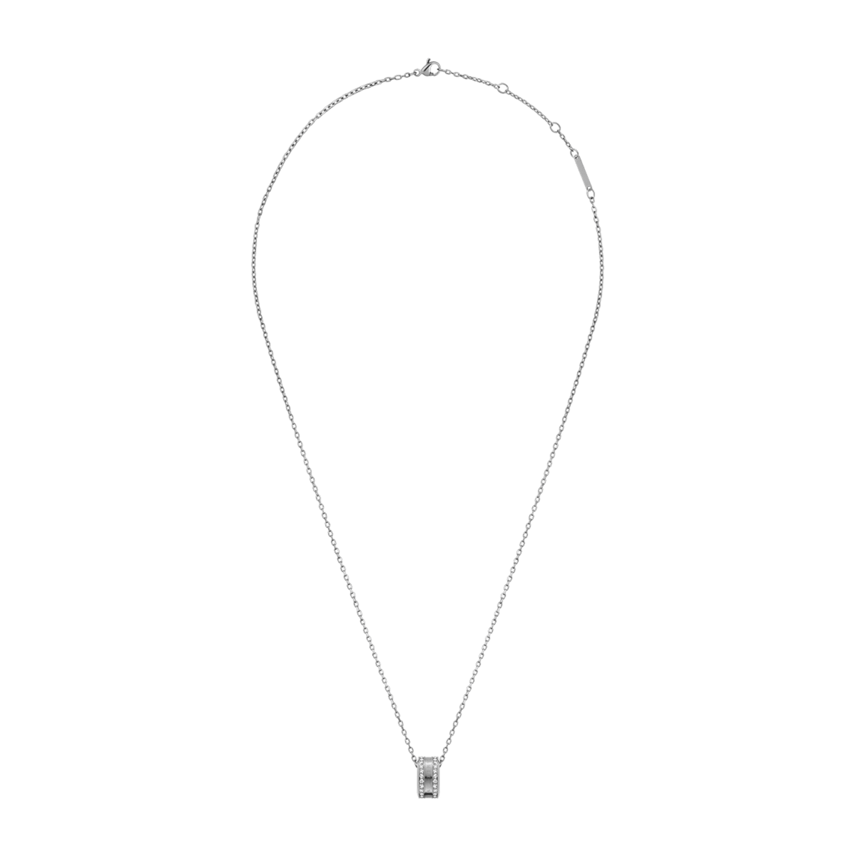 Elan Lumine Necklace Silver featuring a polished round pendant with sparkling crystals on each side, hanging from a fine adjustable cable chain.