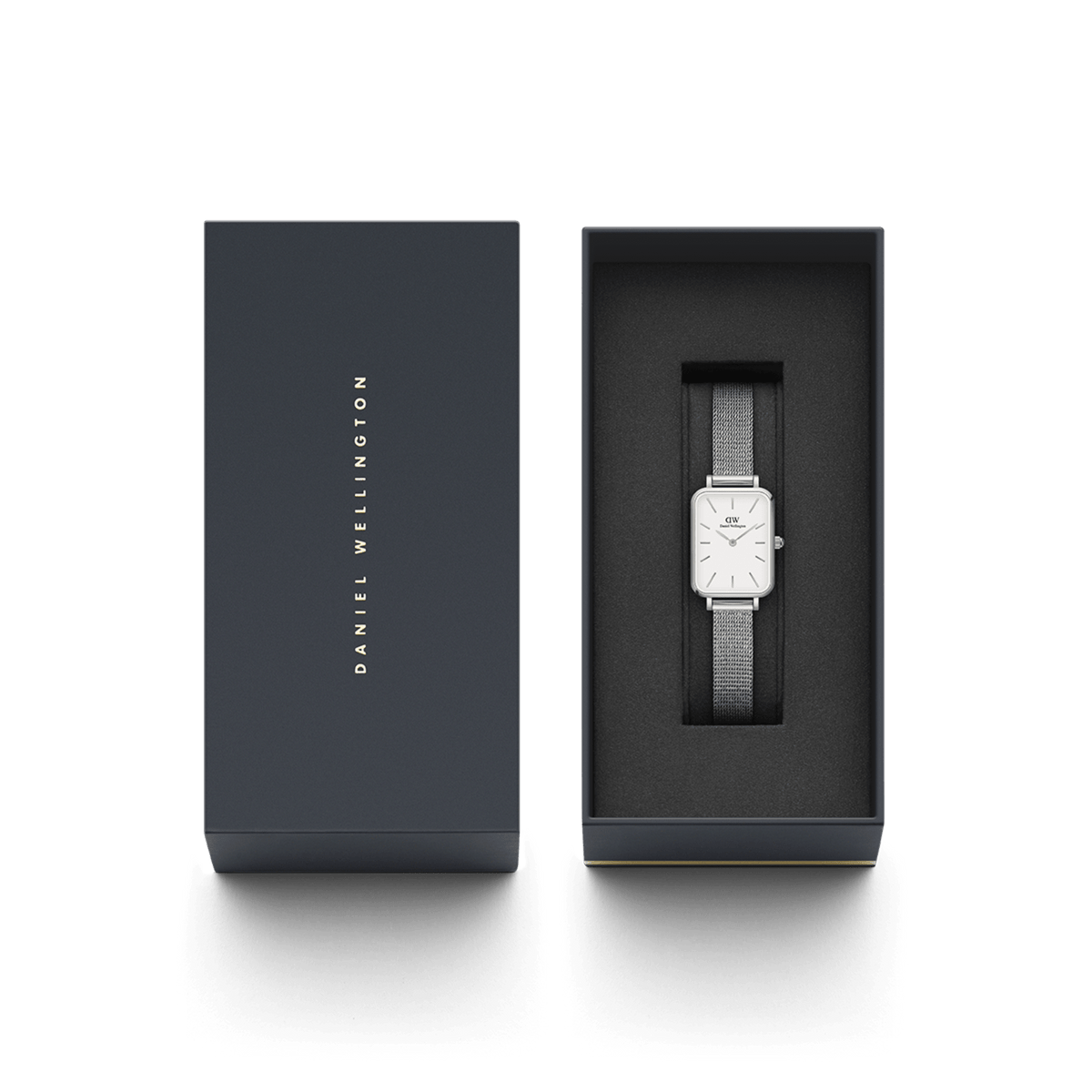 Quadro Pressed Sterling silver women’s watch with rectangular dial in a Daniel Wellington gift box, perfect for gifting.