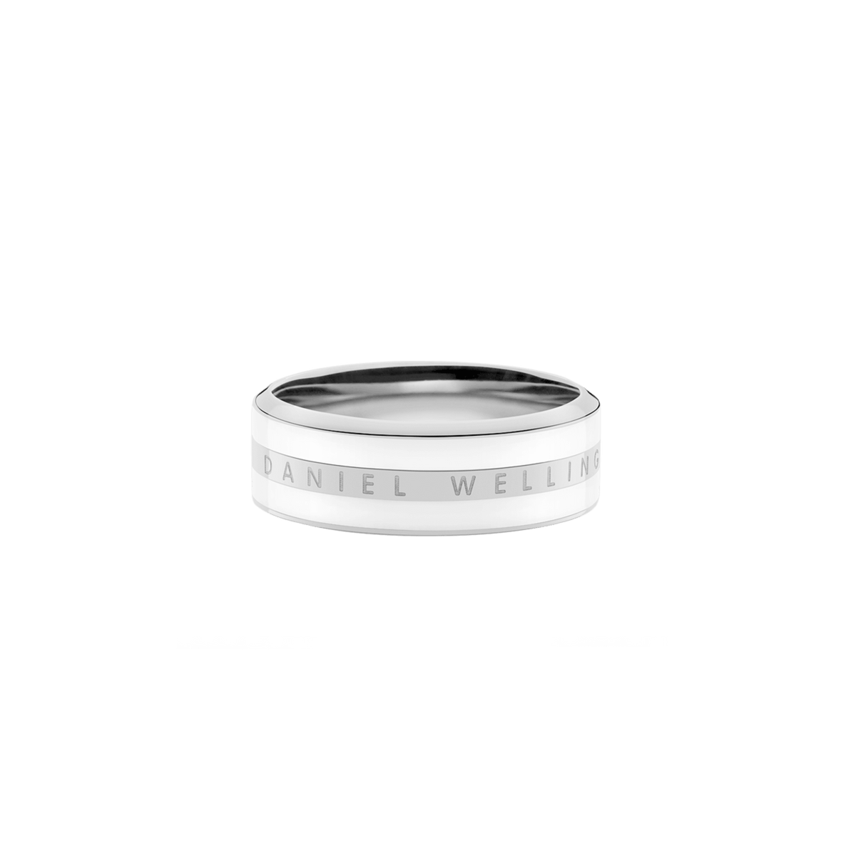 Contemporary silver ring with a satin white enamel inlay and Daniel Wellington branding engraved around the band.